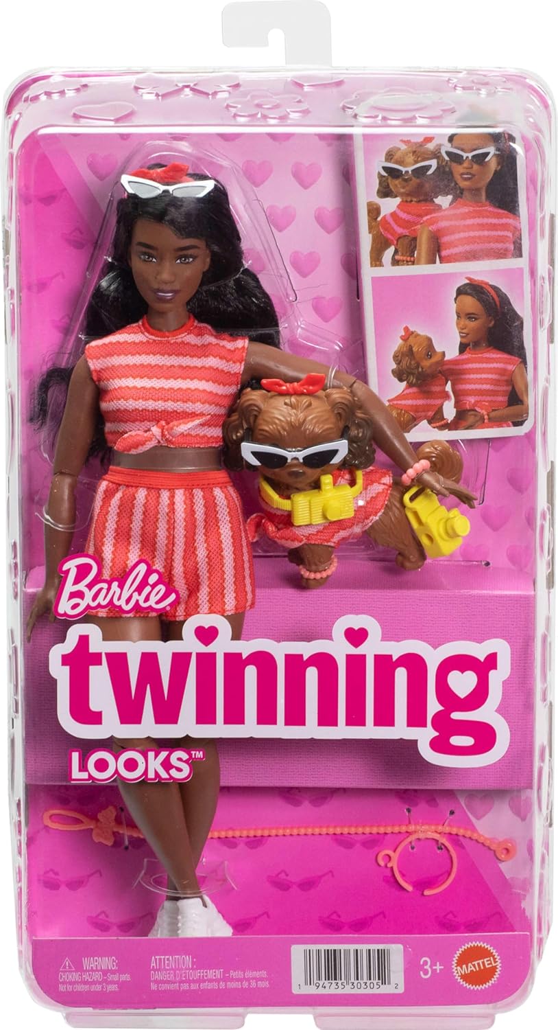 Barbie Twinning Looks Doll with Pet Dog in Matching Red Striped Clothes and Accessories for Both Like Sunglasses and Headbands, Wavy Black Hair
