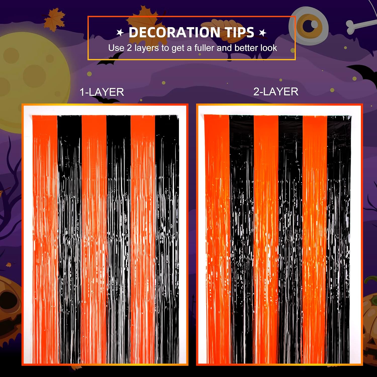 LOLStar Halloween 3.3 X 6.6 ft Orange Black Foil Fringe Curtains 3 Pack