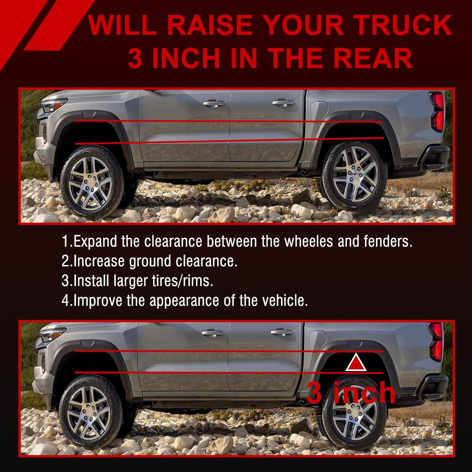 3'' Rear Lift Block Kits Compatible with Chevy Silverado 1500 1999-2024, 2pcs Lift Block with 4pc Extended Square Leaf Spring Ubolts for GMC Sierra 1500 1999-2024, 3inch Rear leveling Lift Set