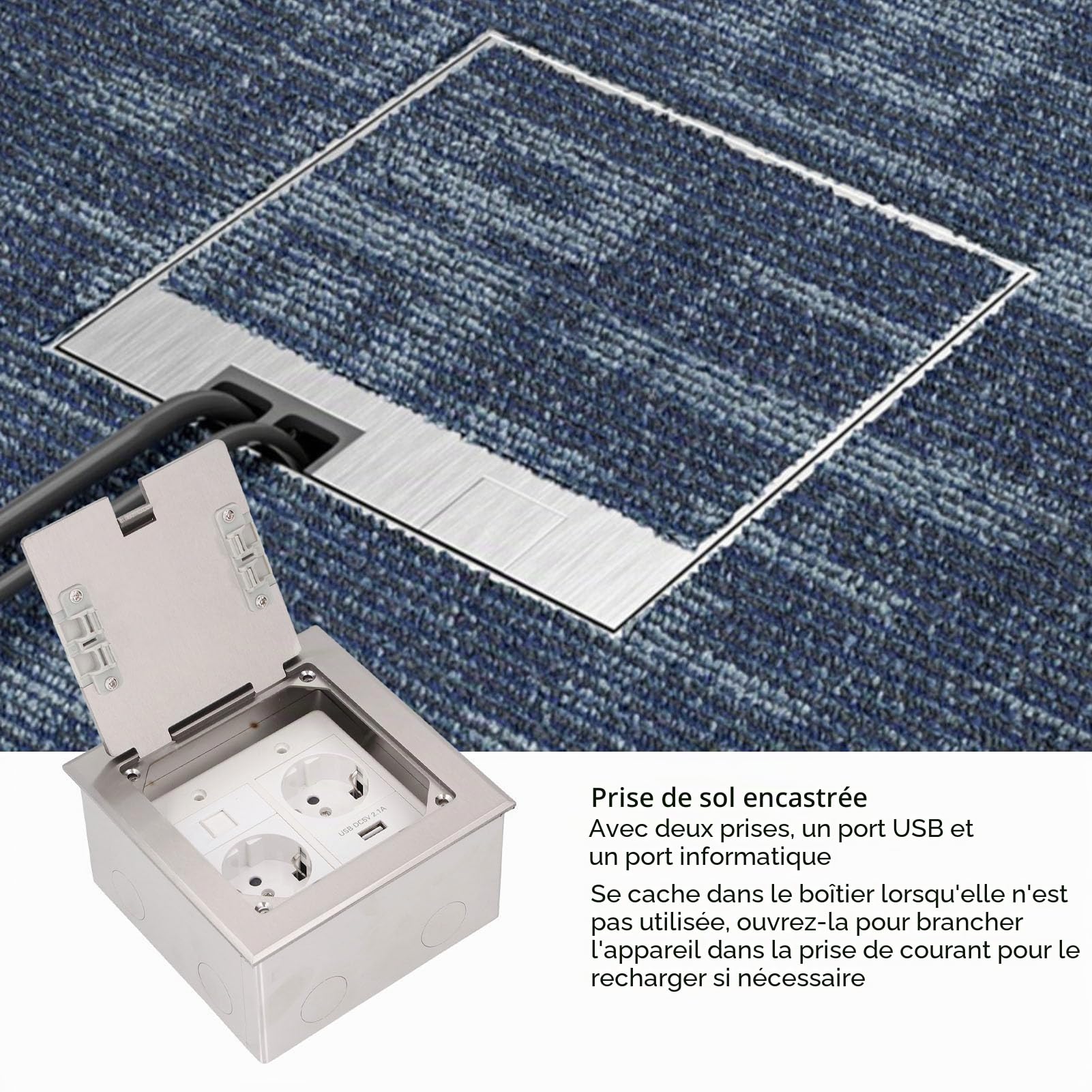 Fockety Boîte de Sortie au Sol, 2500W 16A 2 Prises 1 USB 1 Port Ordinateur Prise Encastrée au Sol Preuve de l'eau Multifonctionnel Boîte de Couverture de Prise électrique pour Les
