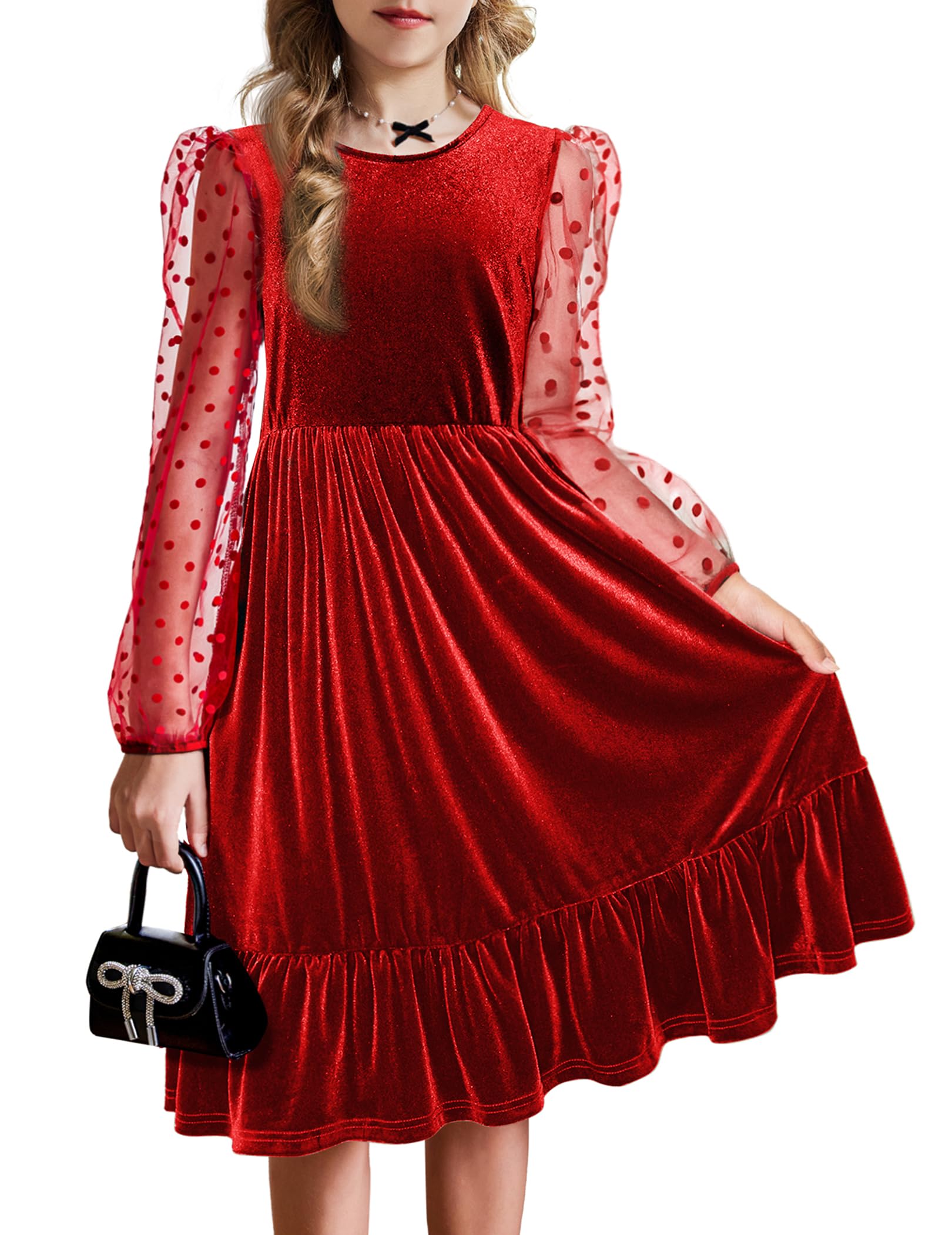 Arshiner Vestido de Terciopelo para Niñas Vestido de Fiesta de Manga Larga de Malla Vestido de Línea A Vestido Festivo con Volantes Vestido de Navidad de Halloween para Niños con Bolsillo 6-13 Años