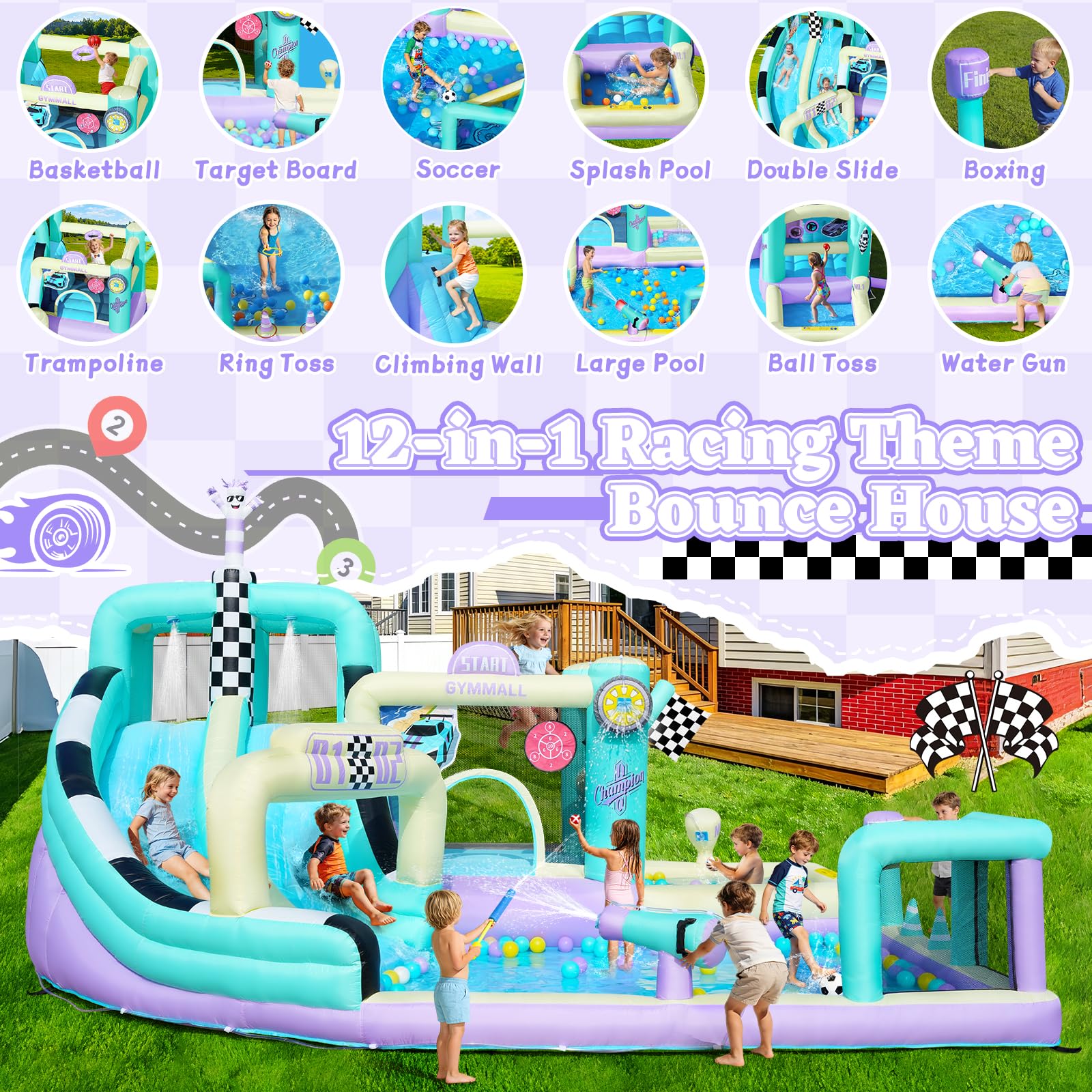 Castillo Inflable de Carreras para Niños, Gran Castillo Inflable 12 en 1 con Soplador de 750W, Doble Tobogán de Agua, Splash Pool, Zona de Salto, Apto para Interiores y Exteriores