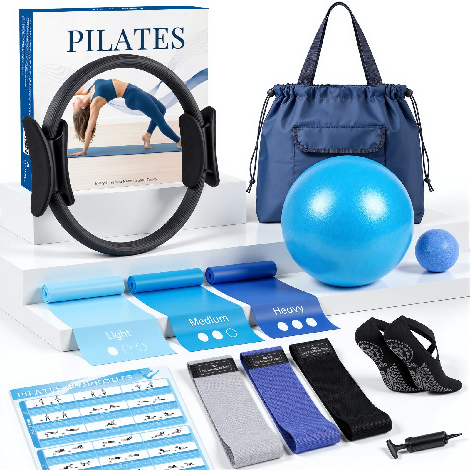 GINMIC Kit Pilates en Casa, 13 Piezas Pilates Kit con Aros Pilates, Pelota, Banda Fitness, Bandas Elásticas y Accesorios de Entrenamiento, Es el Regalo Ideal para Principiantes y Mujeres