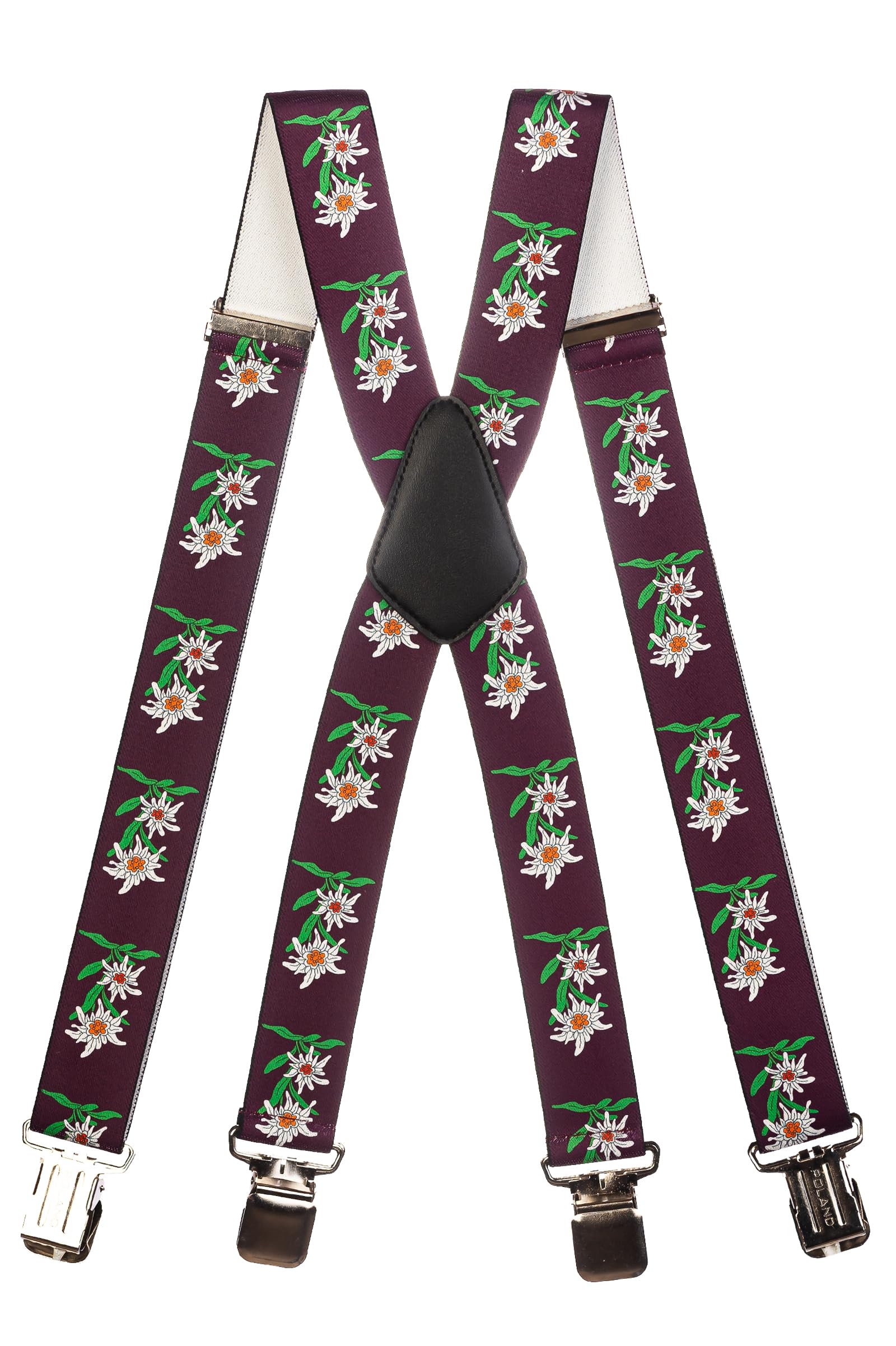 Olata Men’s Heavy-Duty X-Shape Braces/Suspenders with Edelweiss Pattern - 4cm. Burgundy