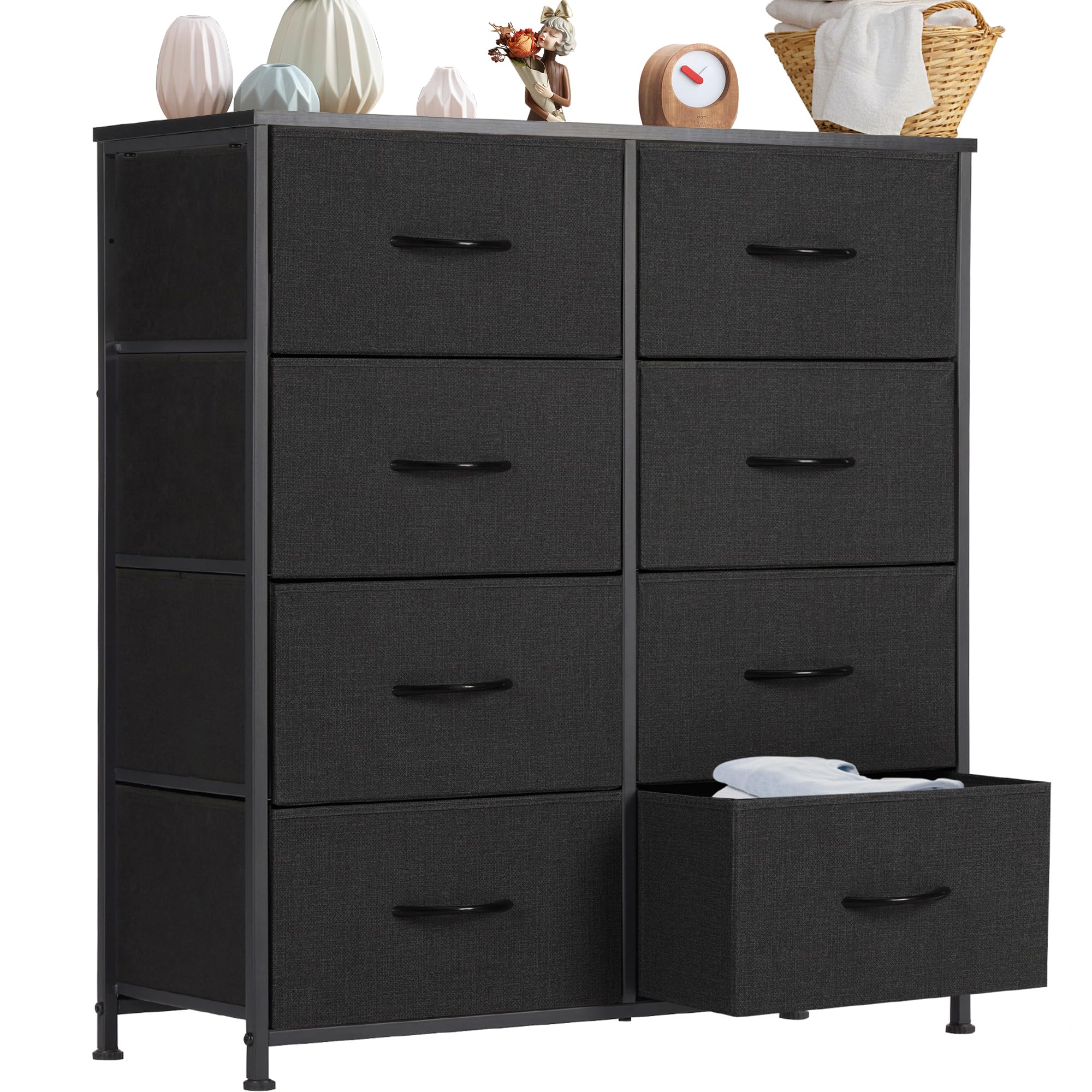 DUMOS Kommode für Schlafzimmer mit 7 Stoffschubladen, hohe Kommode Organizer für Kleidung, Schrank Kinderzimmer, Aufbewahrungsturm mit Schrank, Metallrahmen, Holzplatte, leichte Kinderzimmermöbel