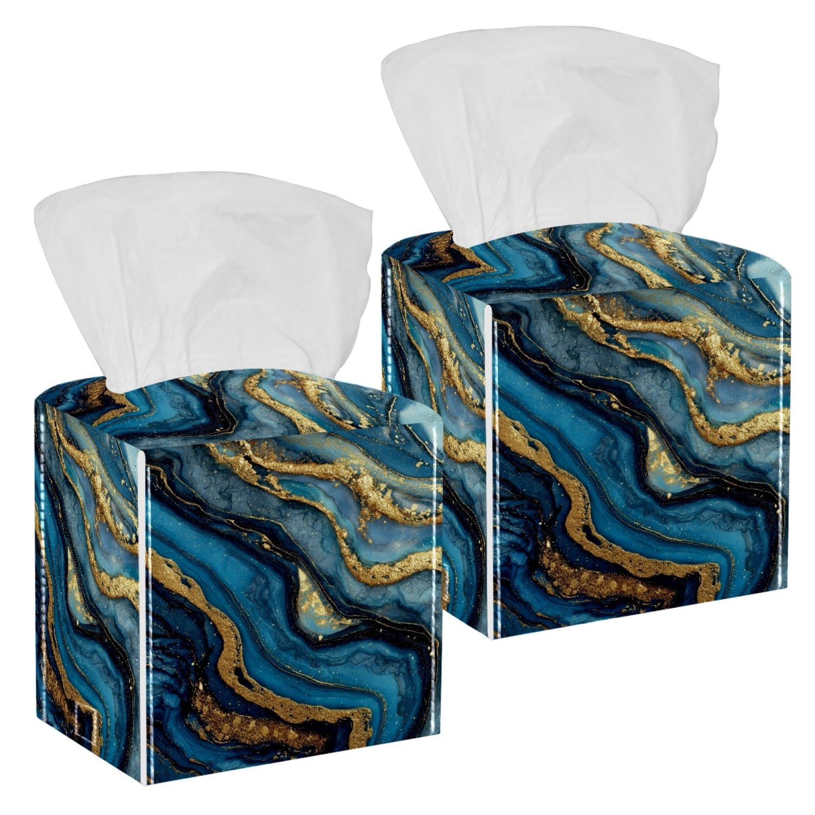 Marble Texture Tissue Box Cover, 2 Pack PU Leather Square Facial Tissue Dispenser Box holder for Home Office Car