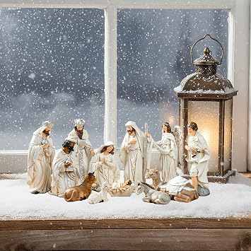 Glitzhome Set of 12 Nativity Figurine Sets for Christmas Indoor Decorations White Nativity Tabletop Scenes Navidad Collectibles Figurines nacimiento de Jesus para Christian Nativity Set Xmas Home