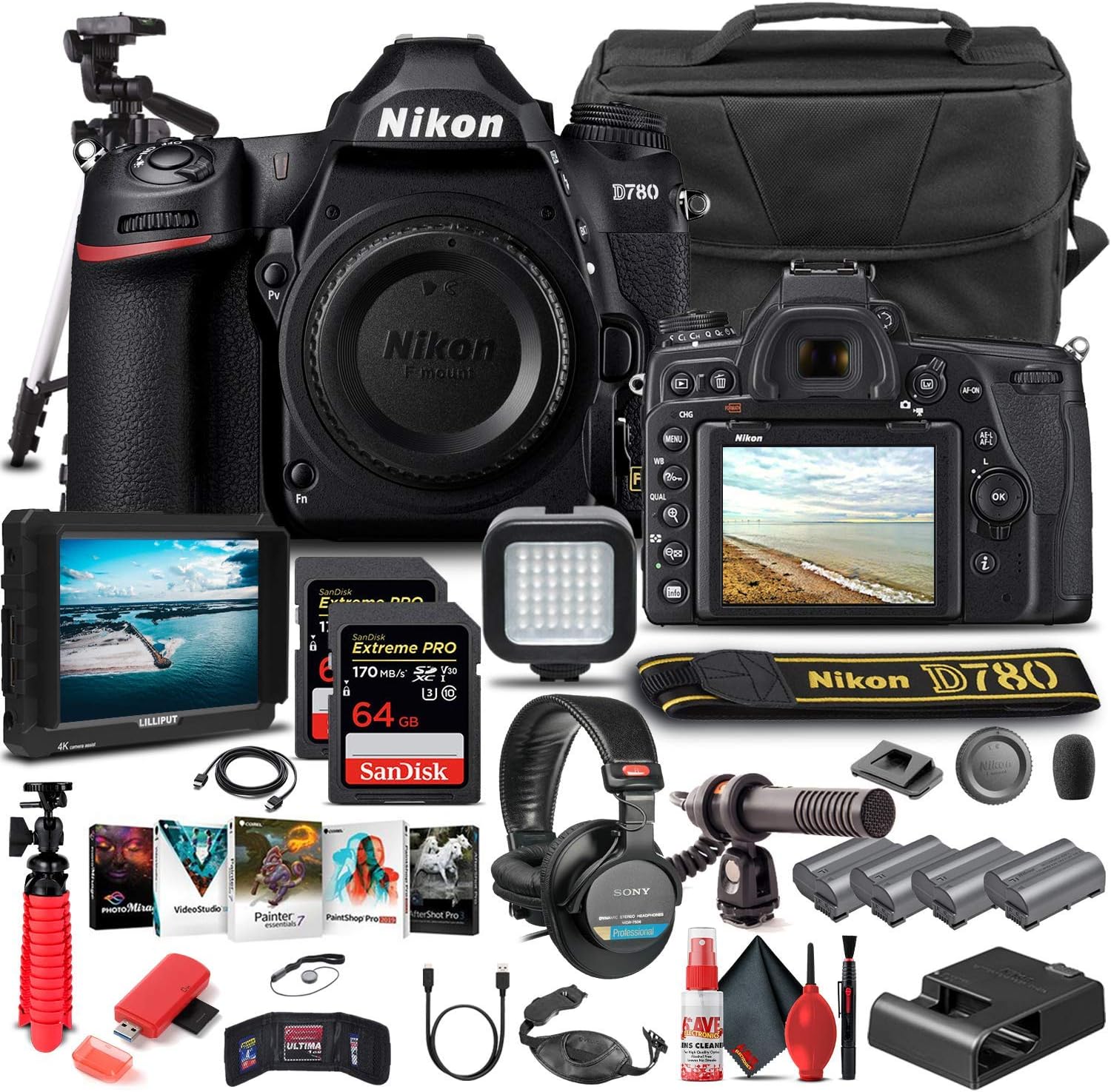 Nikon D780 DSLR Camera (Body Only) (1618) + 4K Monitor + Headphones + Pro Mic + 2 x 64GB Memory Card + Case + Corel Software + Pro Tripod + 3 x EN-EL 15 Battery + More (International Model) (Renewed)