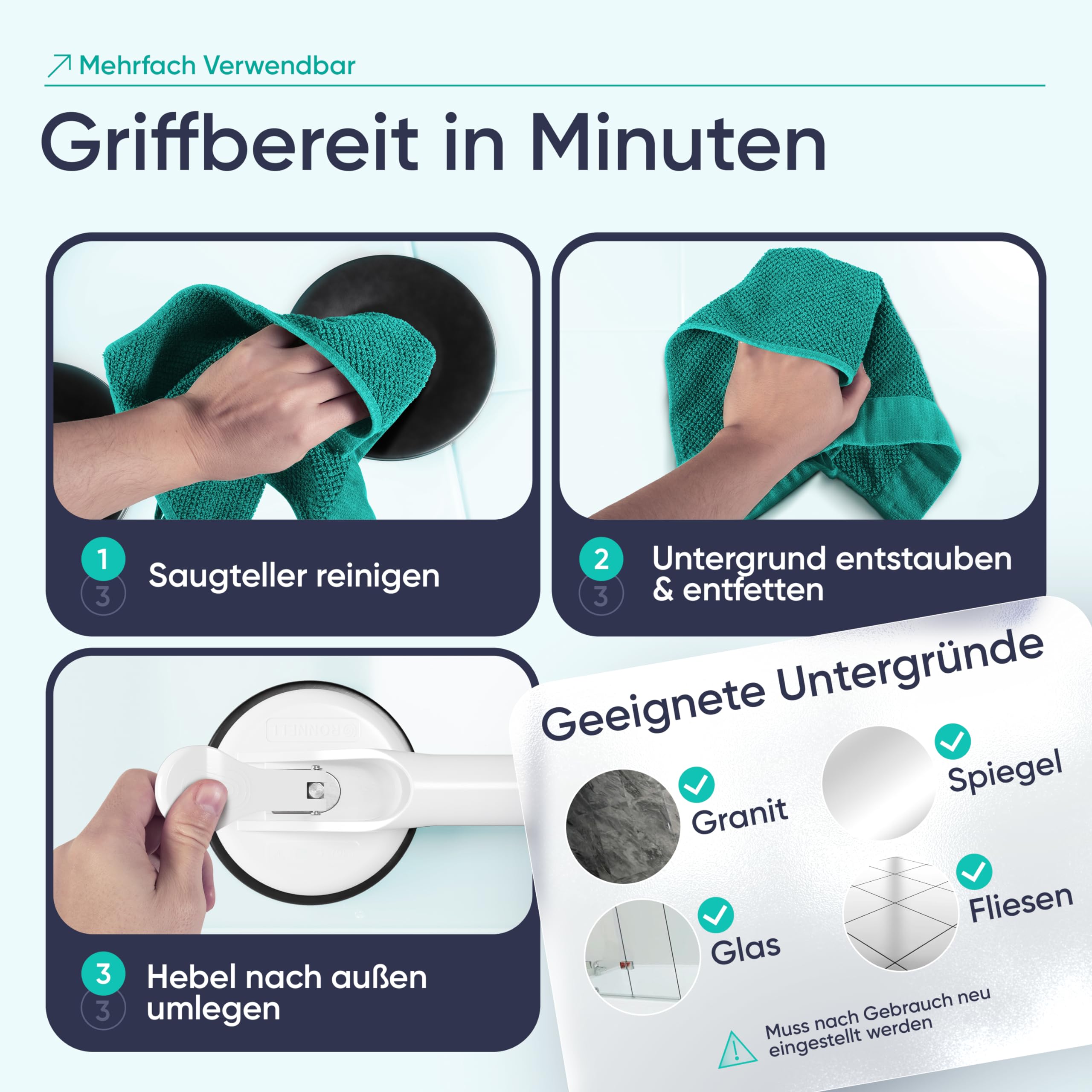 RONNELL – Haltegriff – Mega starker Halt – Haltegriff Dusche – Leichte Anbringung ohne Bohren, Duschgriff mit Saugnapf, Sauggriff Bad für Senioren