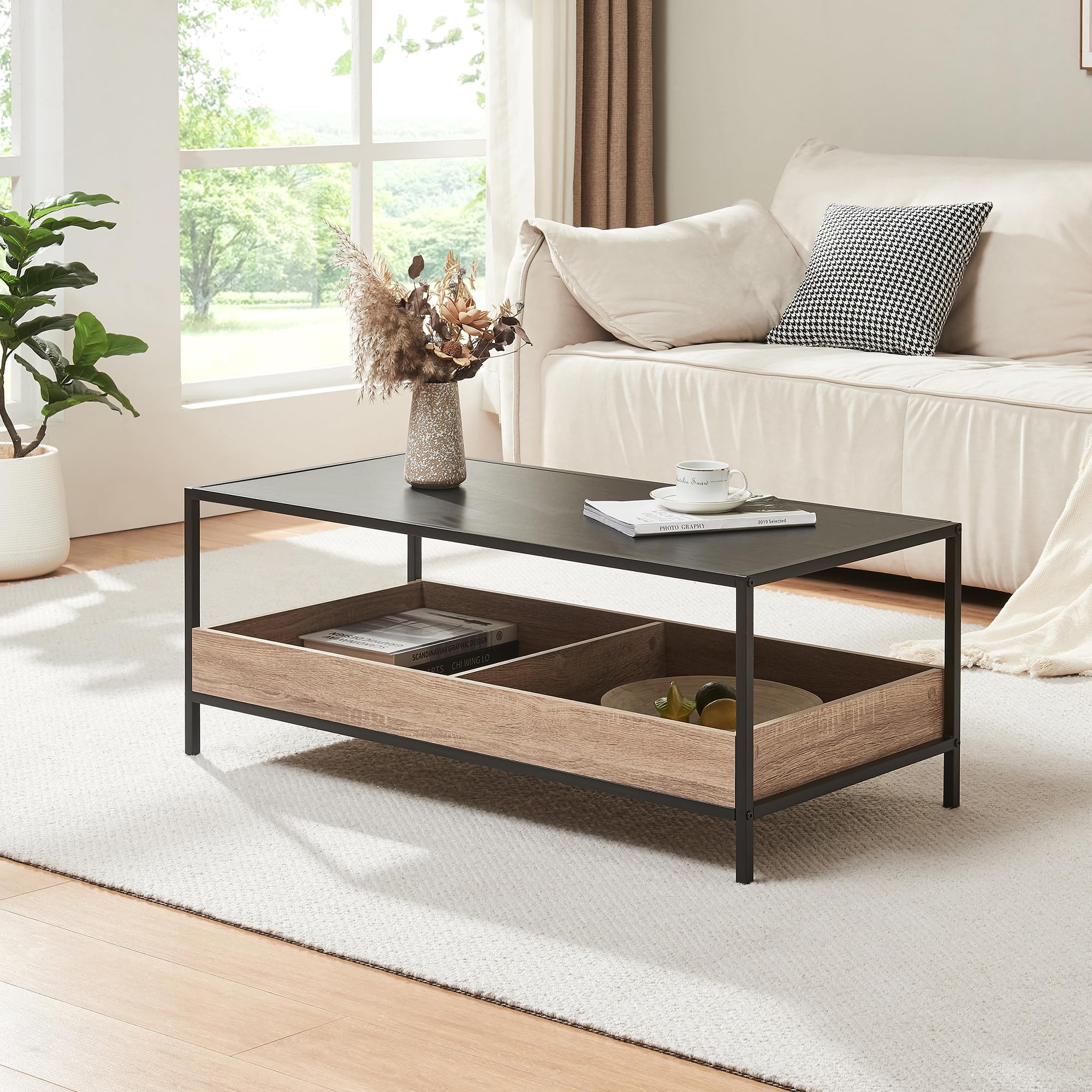 [en.casa] Couchtisch Belana Wohnzimmertisch 100 x 48 x 39 cm Sofatisch mit 2 Ablagefächern rechteckig Kaffeetisch Metallgestell Schwarz/Eicheoptik