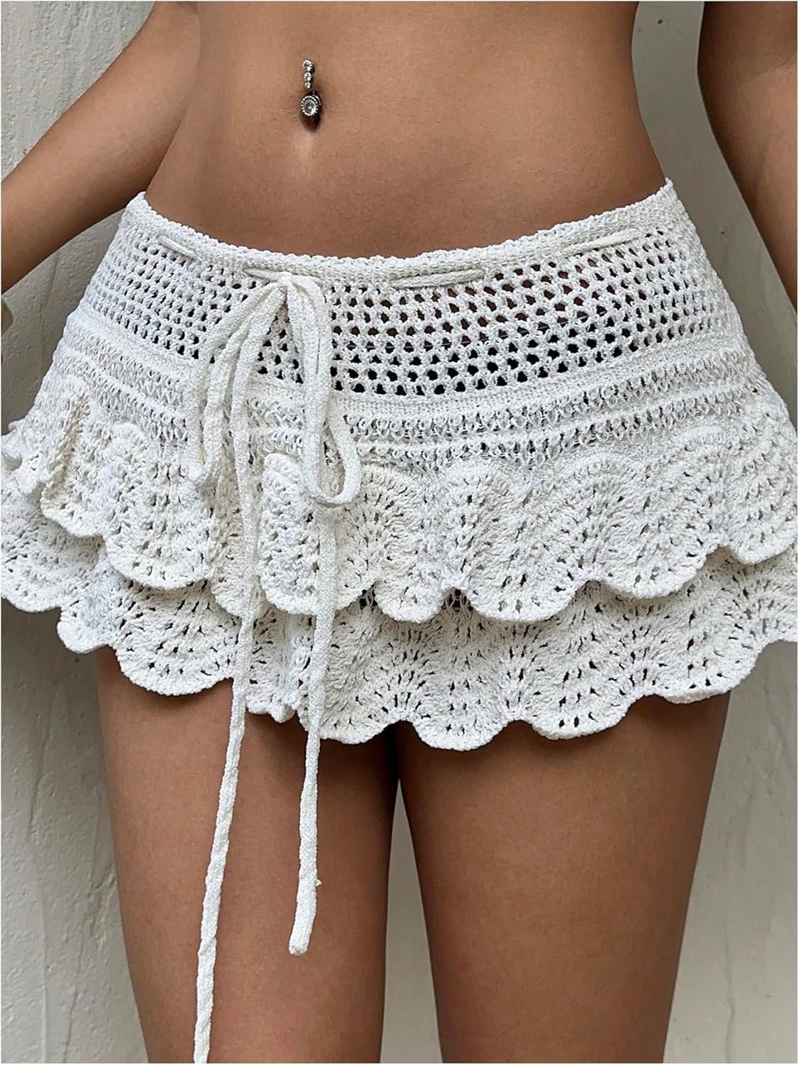 MakeMeChic Women's Crochet Mini Skirt Swimsuit Beach Coverup Tiered Ruffle Boho Skirts - Image 5