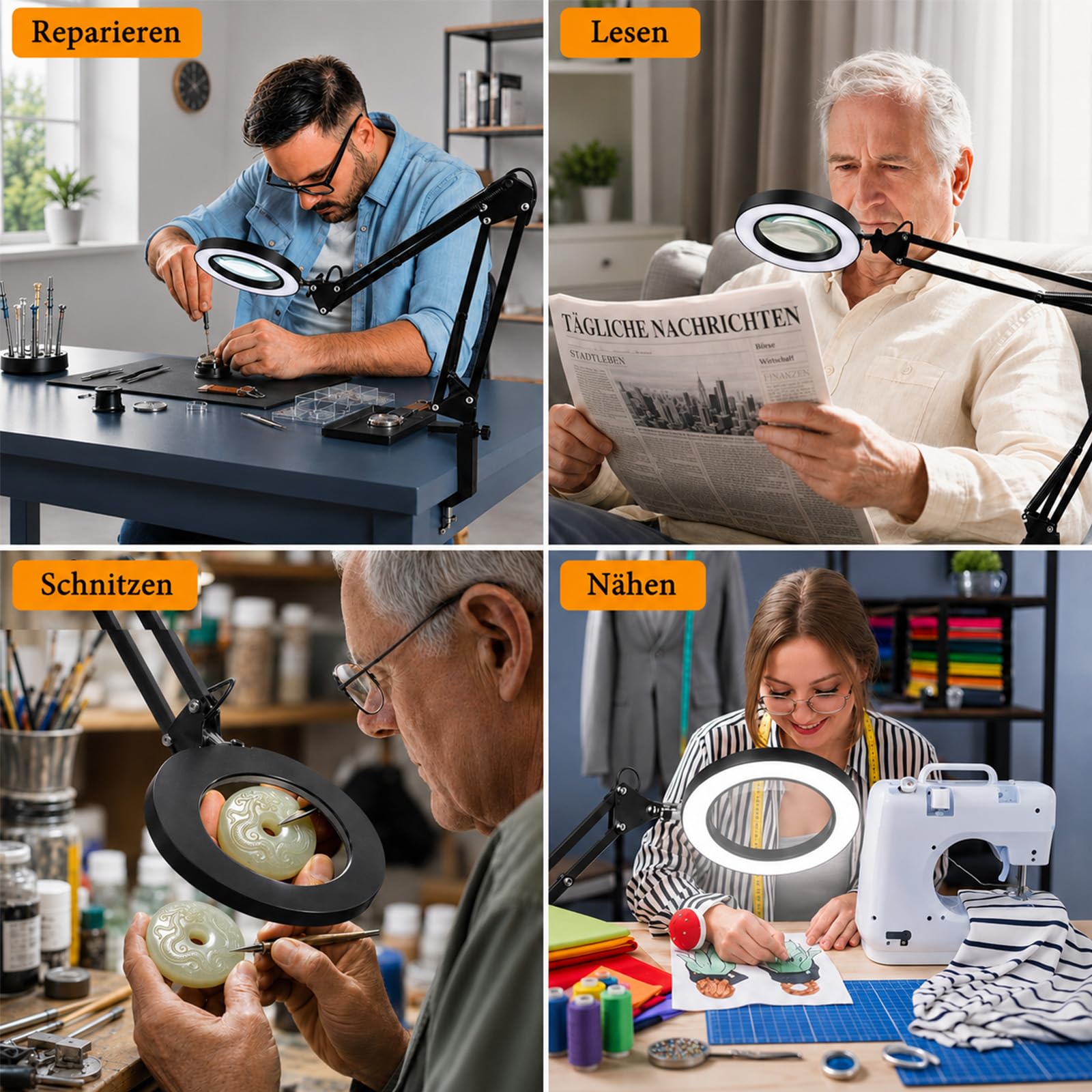15X Lupenlampe mit Klemme – LED Schreibtischlampe mit 72 LEDs, 3 Lichtmodi & 10 Helligkeitsstufen, Echtglaslinse 4,3", Extra Langer Schwenkarm, Lupenleuchte für Basteln, Lesen & Elektronik