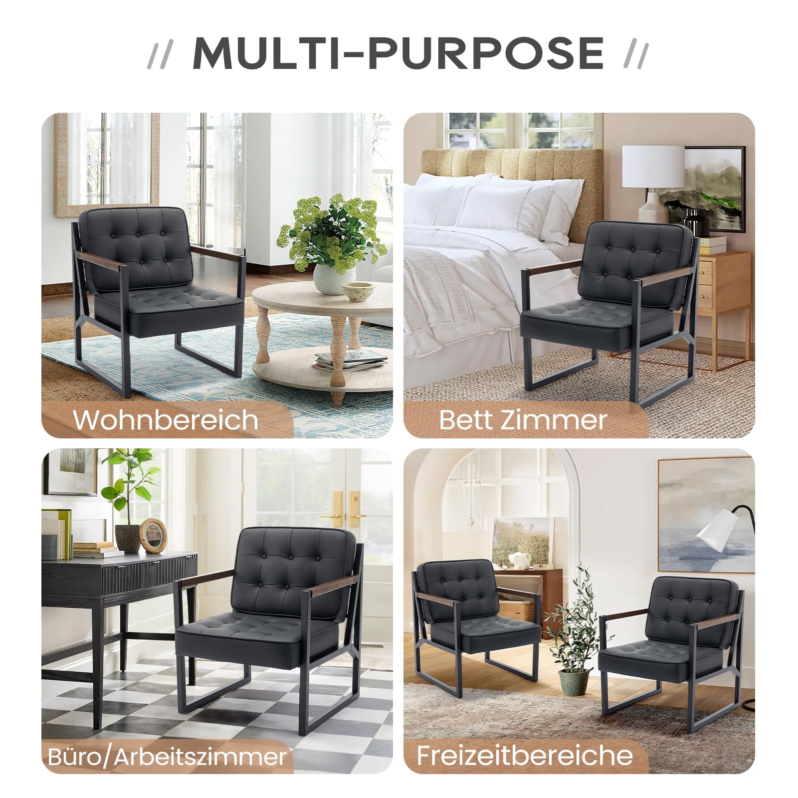 COLAMY Ohrensessel Sessel Wohnzimmer 2er Set, Leder Accent Chair, Mid Century Modern Kunstleder Empfangssessel mit Metallbeinen für Wohnzimmer Schlafzimmer Empfangsraum Wartezimmer, Schwarz