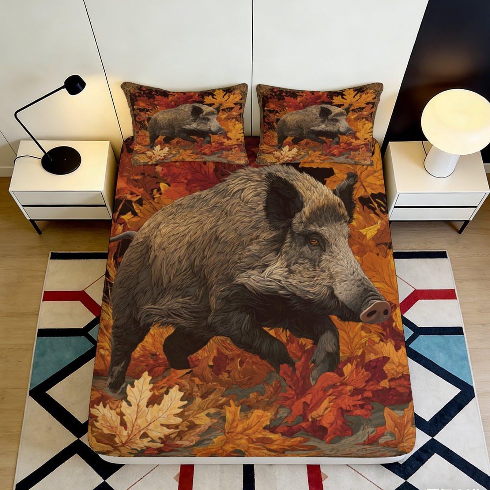 3D Printed Wild Boar Fitted Sheet Microfiber Non-Slip Deep Pocket Forest Mattress Fitted Cover Breathable for Bedroom 160x200x25cm