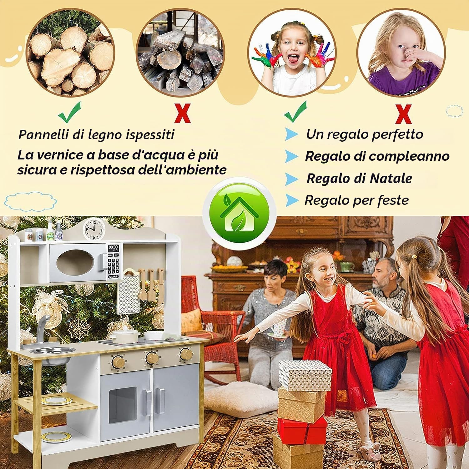 ACXIN Set da Cucina in Legno e Acciaio Inox per Bambini con Accessori - Mini Set Gioco (68 x 26 x 78 cm)