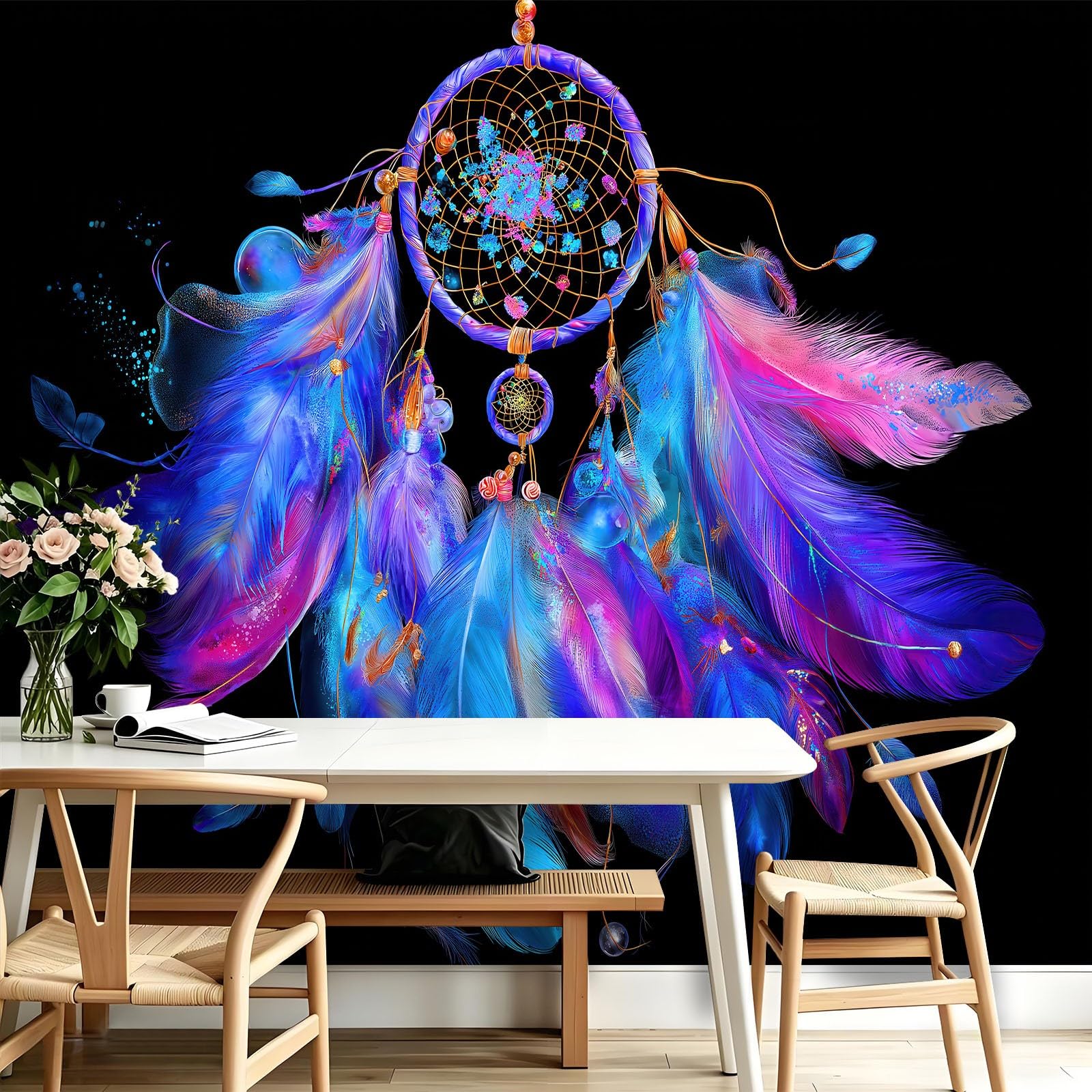 Vlies Fototapete Boho Traumfänger Federn 250 x 175 cm - Fototapete Schlafzimmer Yogaraum Mädchenzimmer Vliestapete XXL Wandtapete Motivtapeten Bildtapete