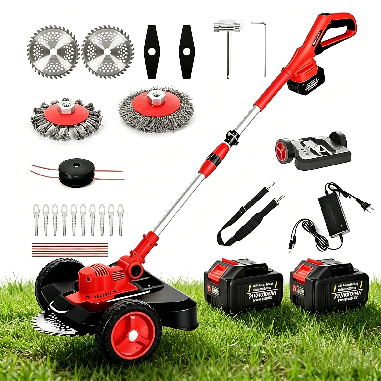 Rasentrimmer mit Akku und Unkrautbürste, 9" Bürstenlose Freischneider,mit 2 Akku 4.0Ah, 21v unkrautbürste akku, Trimmer Garten mit 4 Klingentypen, für Garden Trimmen