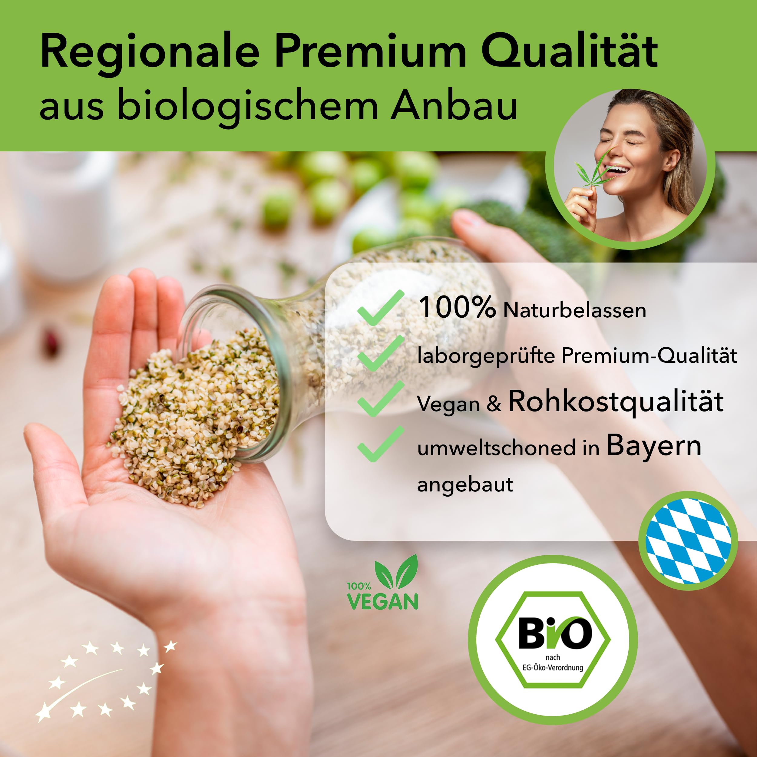 regionale Hanfsamen geschält Bio 1kg [PROTEINREICHES SUPERFOOD] - inkl. LECKERER E-Rezepte - Vegan & Rohkostqualität - Reich an Protein, Omega-3 & Magnesium