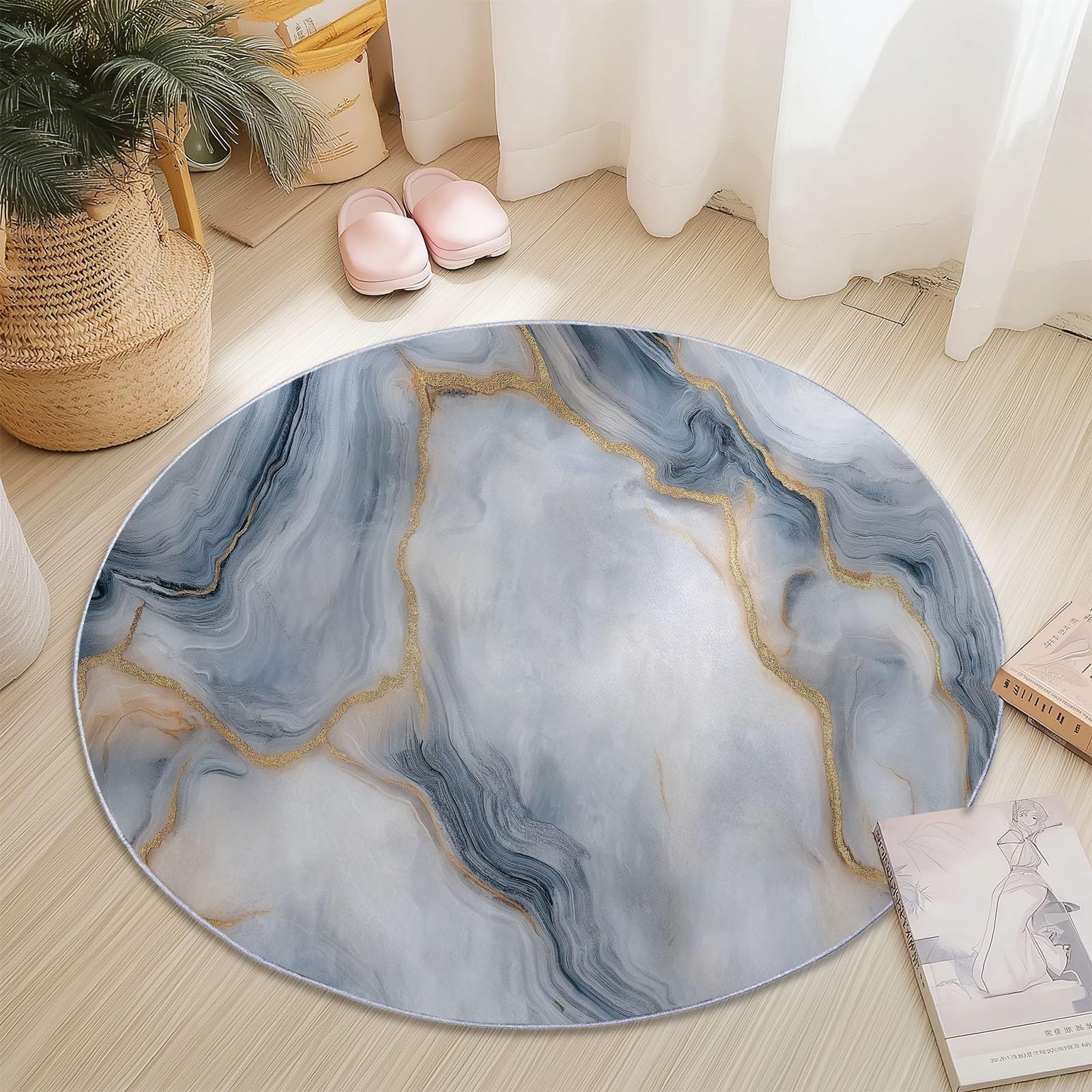 Tappeto Rotondo Moderno e Minimalista Effetto Marmo, 120 cm, Grigio, per Soggiorno, Area Circolare con Retro Antiscivolo, Lavabile, Morbido Tappeto Stampato per Camera da Letto, co