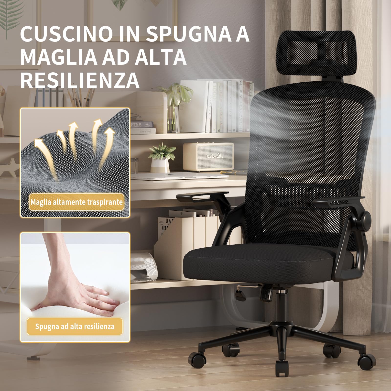 naspaluro Sedia da Ufficio Scrivania Ergonomica, Con Braccioli Pieghevoli, Altezza Regolabile, Seduta e Schienale in Rete Respirante, Girevole con Ruote, Funzione Oscillante Nera