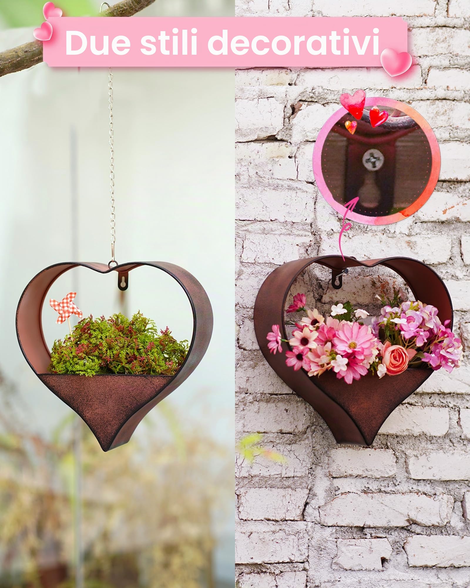 Yeomoo Vaso da Fiori in Metallo a Forma di Cuore, Decorazione per Giardino e Interni, Vaso da Appendere, Ruggine, 26.5 cm x 1 cm x 27 cm, Per Esterni e Interni