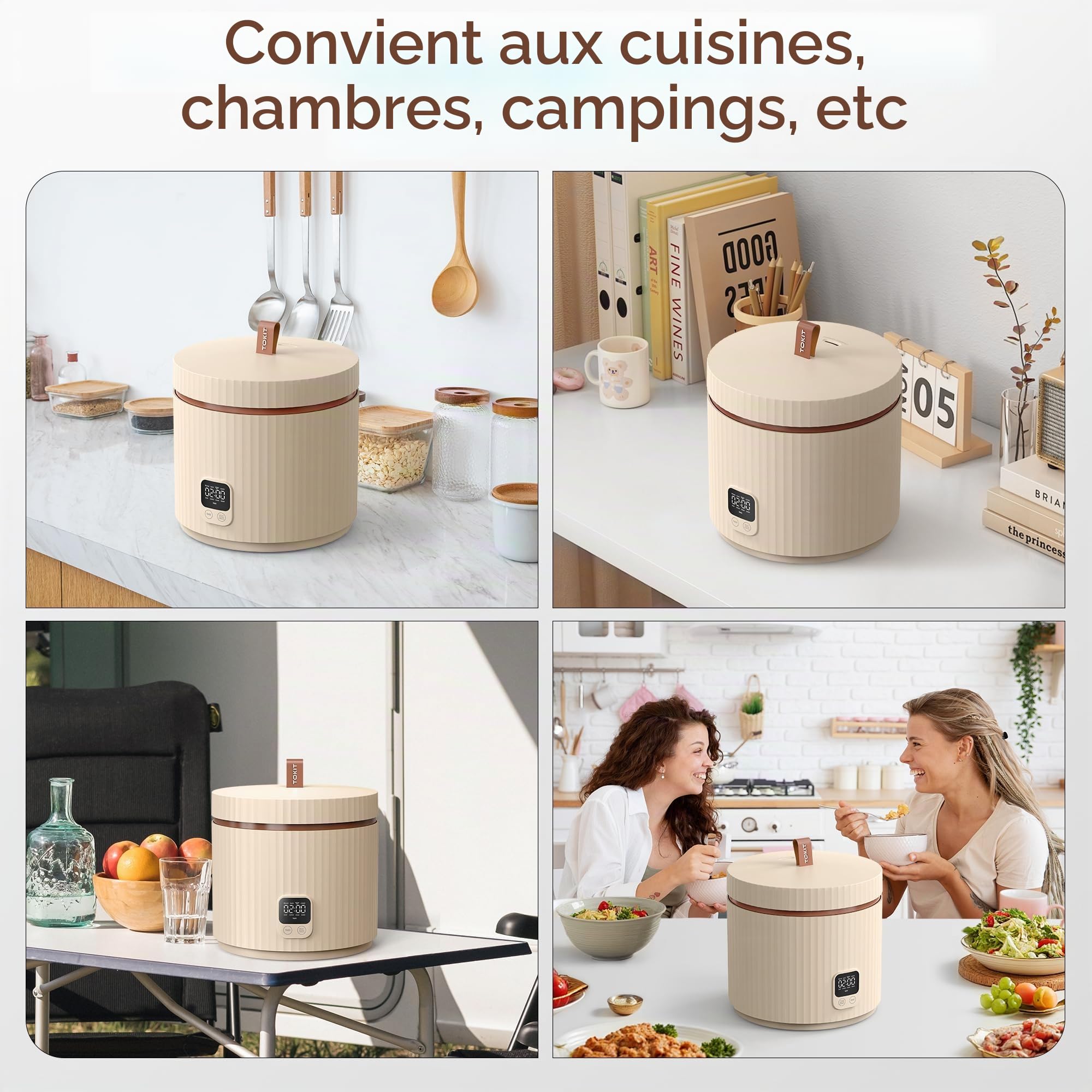 TOKIT Cuiseur à Riz 1,5L Mini Multifonctions pour 1-3 Personnes Marmite à Riz Intérieure Antiadhésive à Revêtement Céramique (Beige)