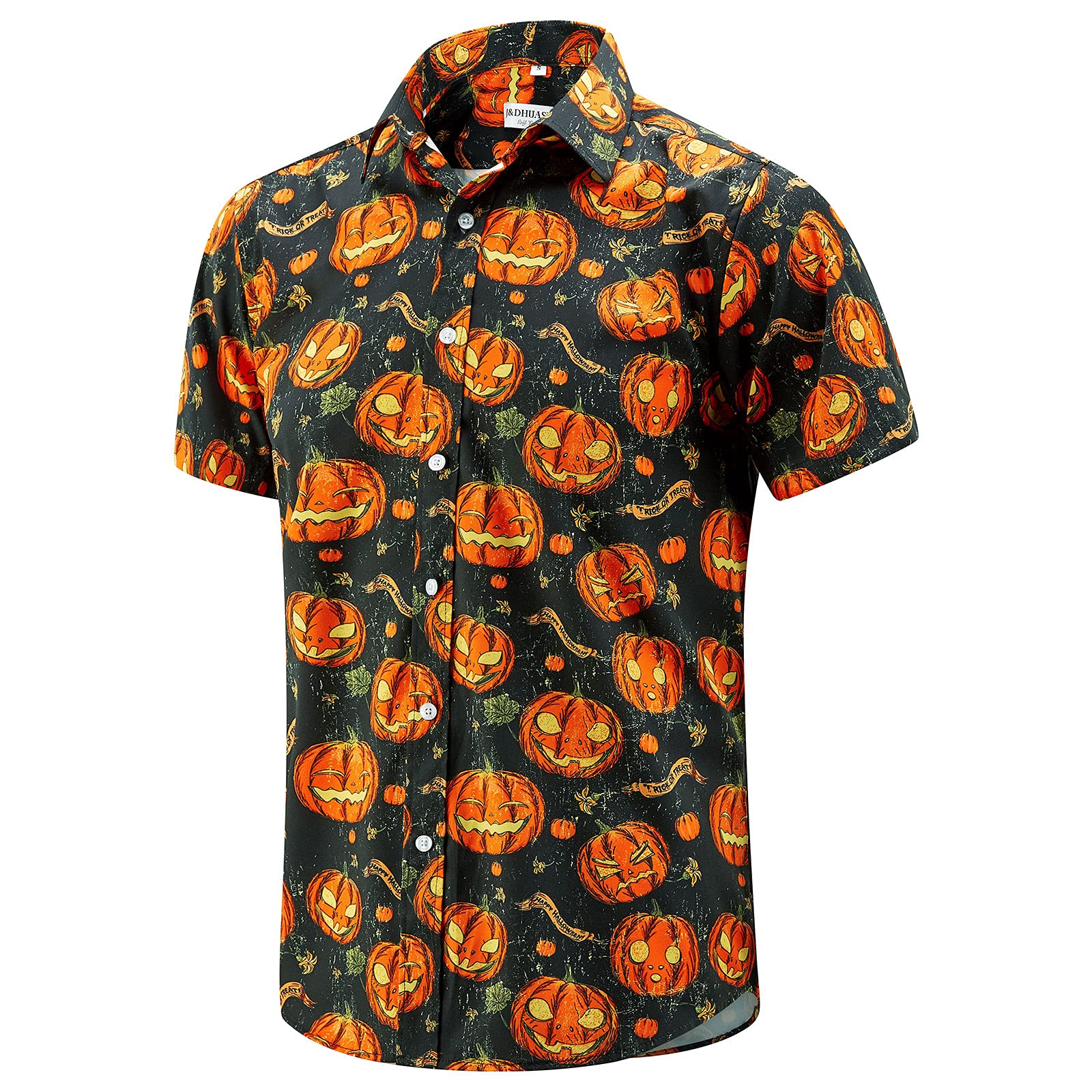 J&DHUASHA Mens Halloween Shirt Fun Pumpkins Short Sleeve Button Down Hawaiian Dress Shirts