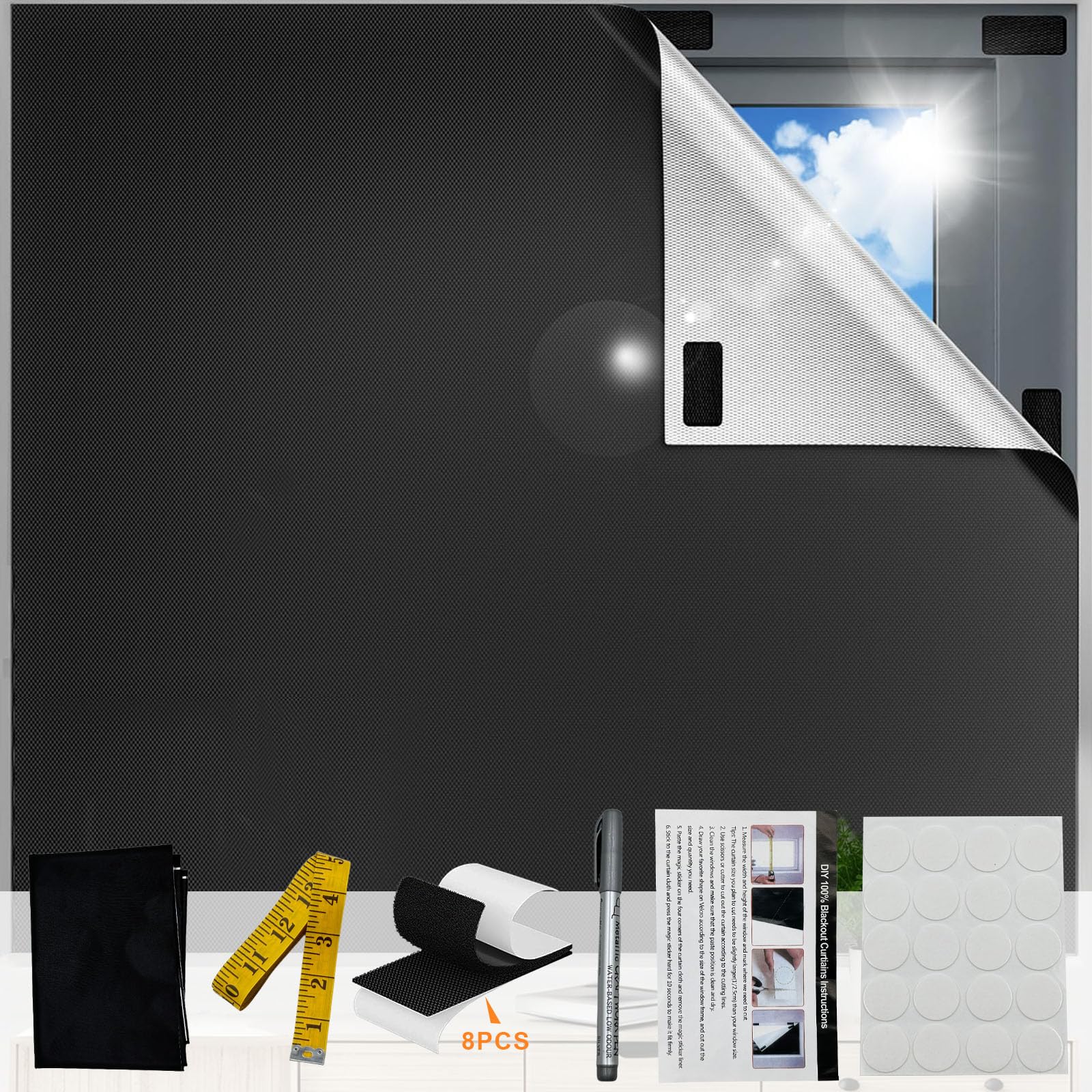 Sythrix Blackout Blinds Stick On 100% Blackout Blind,Blackout Curtains 300×145cm with Adhesive Tapes,Blinds Window Roller No Drilling Portable Blackout curtains for Bedroom, Indoor and Outdoor