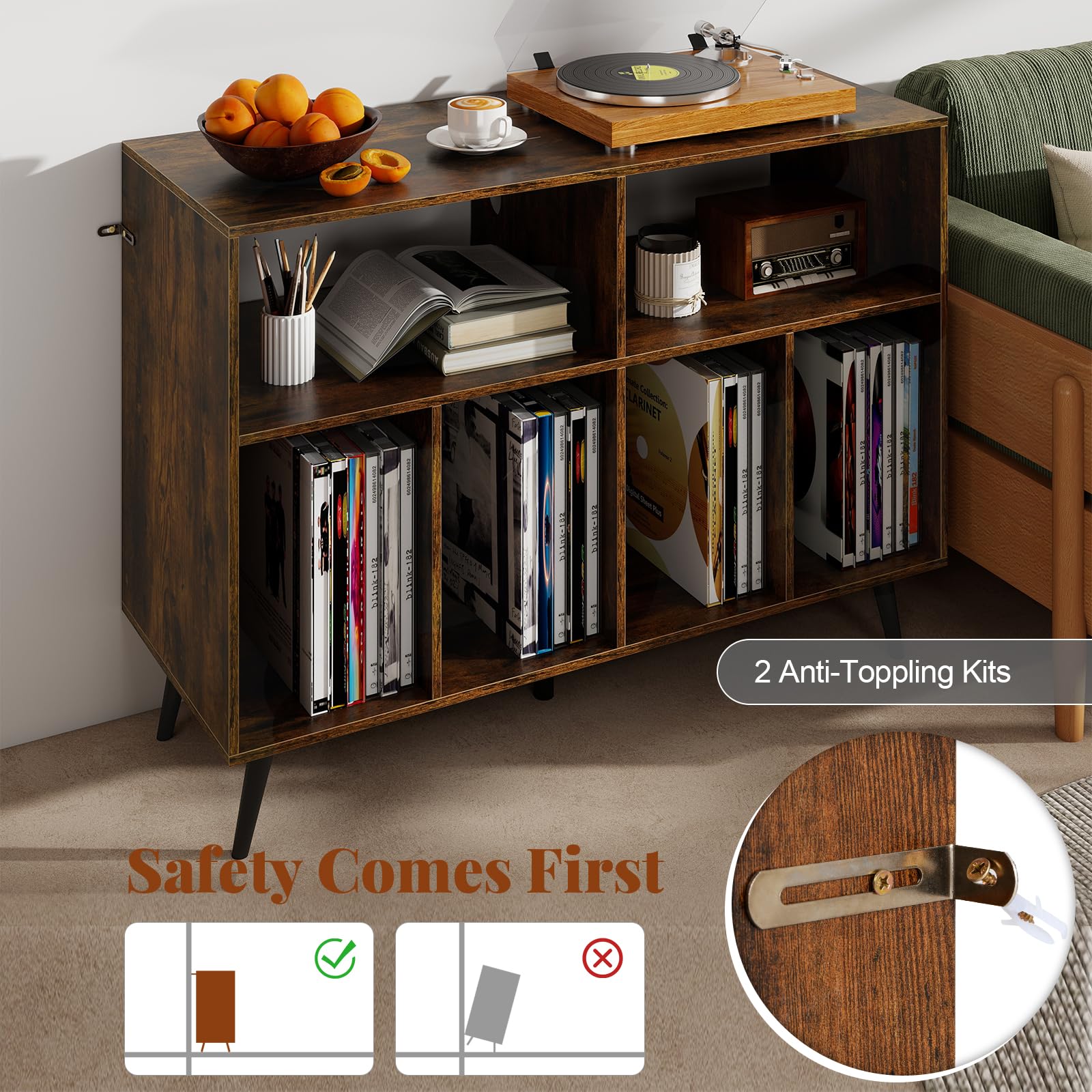 KOMFOTTEU Meuble Platine Vinyle à 3 Niveaux, Support de Tourne-Disque avec 4 Compartiments & 2 Étagères Ouvertes, Meuble Tourne-Disque, 100 x 40 x 74,5 cm (Marron, avec Station de Recharge)