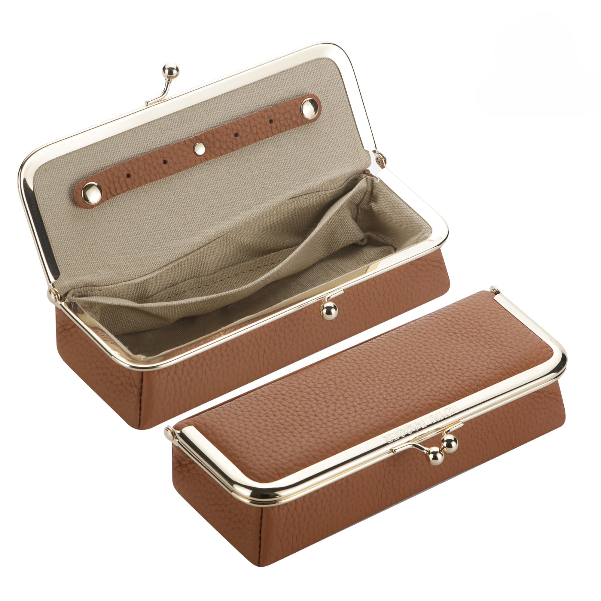 Royal Bagger Genuine Leather Jewelry Box for Women, RFID Blocking Organizer, Kiss Lock Coin Purse & Glasses Case 4135 (Brown)