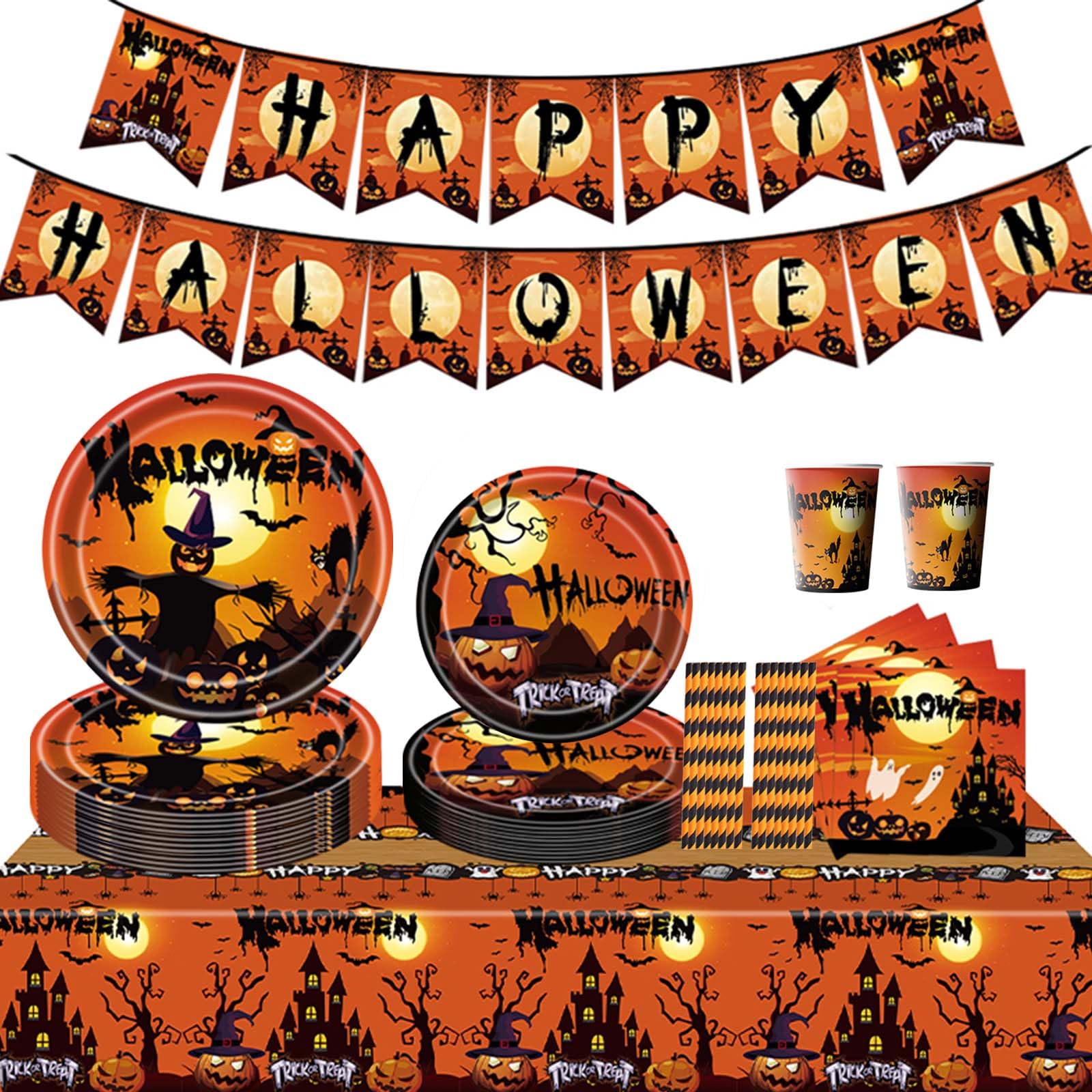 Halloween Party Tableware Set, Halloween Party Decorations Including Tablecloth, Halloween Plates Cups and Napkins, Paper Straws, Banner, Halloween Theme Party Table Decoration Supplies, 24 Guests
