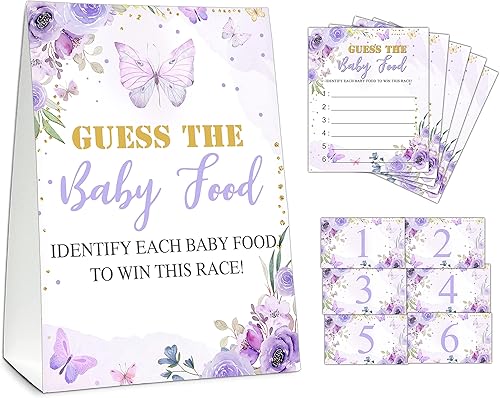 Guess the Baby Food Party Games, juego de baby shower, 1 letrero de pie + 25 tarjetas de respuesta + 6 tarjetas de números, suministros de