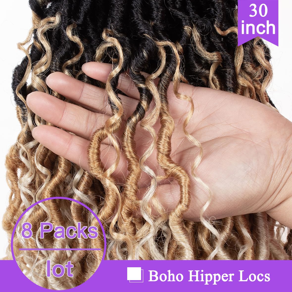 ZRQ 8 Packs 3 Tone Goddess Locs Crochet Hair 30 Inch Ombre Bohemian Locs 1B27613, Long Boho Faux Locs Crochet Braids, Pre Lood River Locs With Curly End 1B27613#