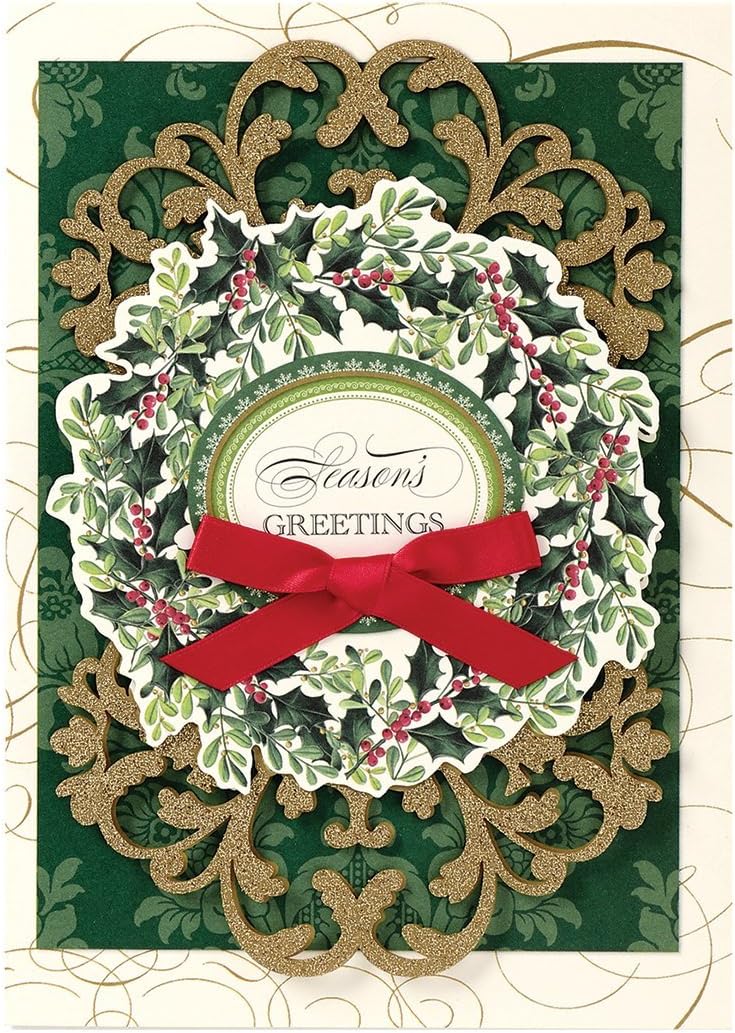 Handmade Dimensional Holly Wreath Christmas Cards Embellished with Glitter By Anna Griffin -- Set of 10 Cards and Envelopes