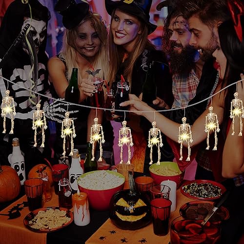 Miniatura 4 de Hiboom Exhibiciones navideñas iluminadas de calavera de esqueleto de Halloween, 20 LED, 8 modos, impermeables, funciona con pilas, exhibiciones