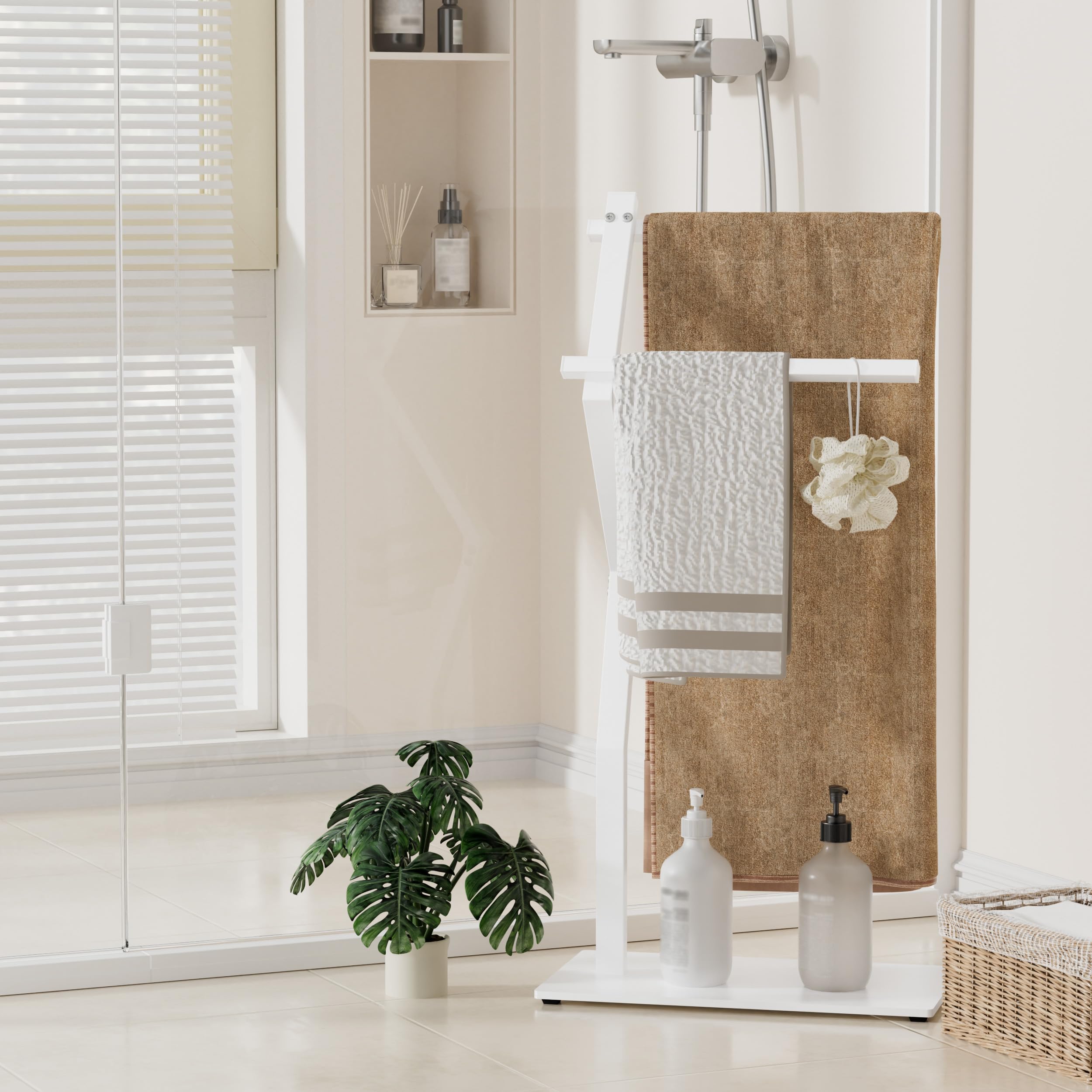 OUTBROS Porte-Serviettes Salle De Bain,Porte-Serviettes Autoportant sur Pied,Convient pour Les Chambres De Salle De Bains,avec Deux Niveaux De Balustrades,40x20x84cm,Blanc,EYJ107W
