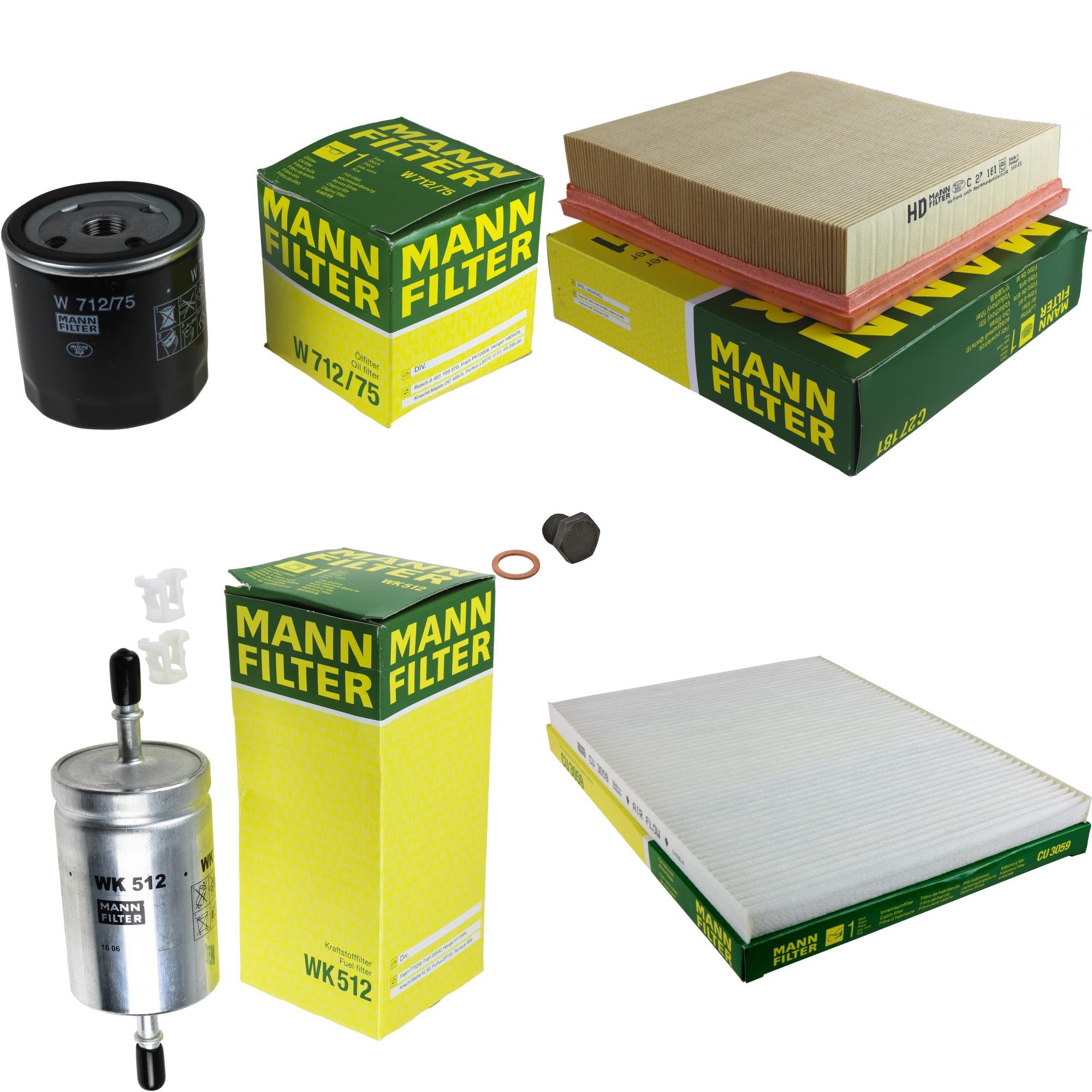 Paquete de inspección Kit de mantenimiento de filtros con filtro de aceite W 712/75, filtro de aire C 27 181, filtro de combustible WK 512, filtro de habitáculo CU 3059, tornillo de cierre