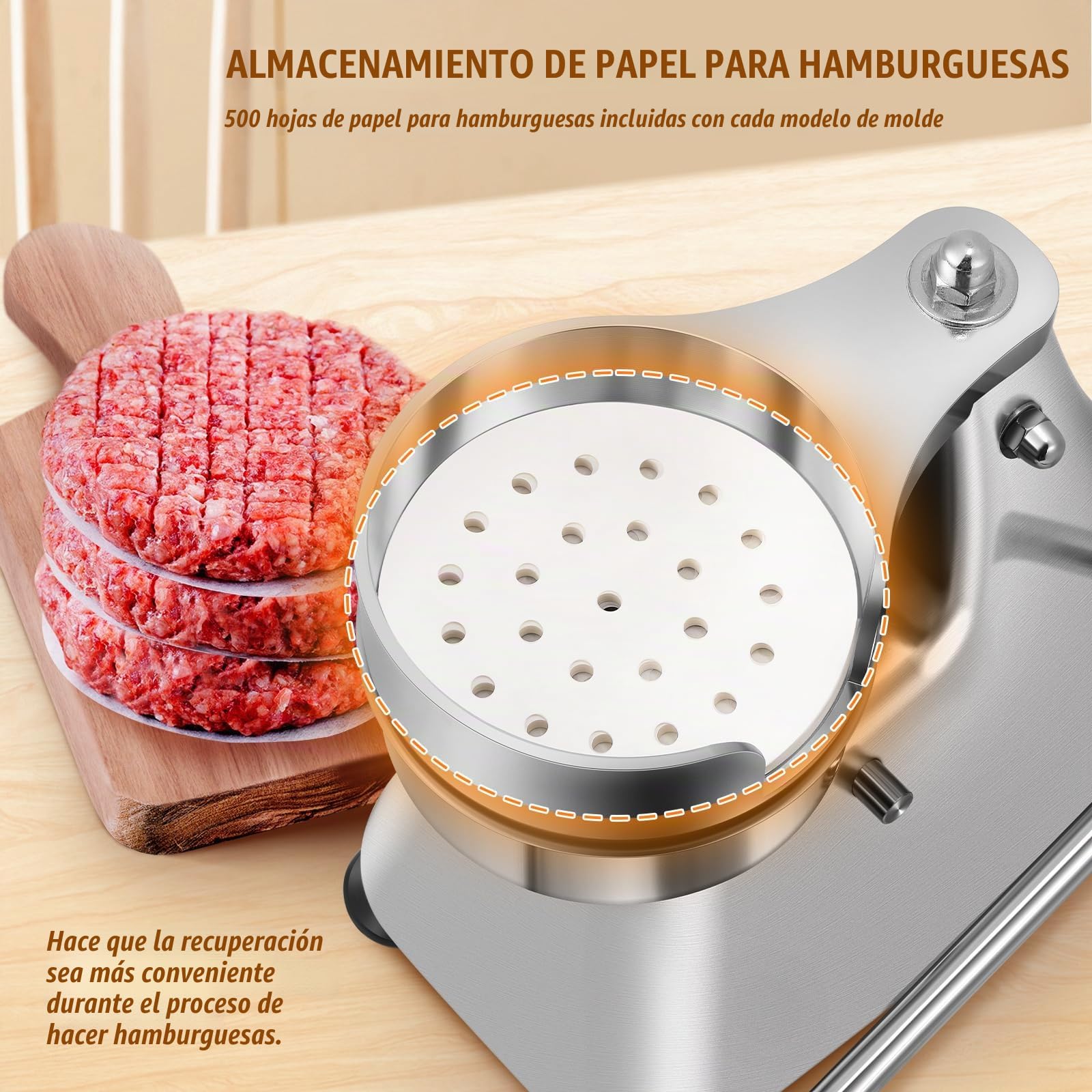 Moongiantgo 3-in-1 Máquina de Prensa de Hamburguesas de Acero Inoxidable | Prensa de Hamburguesa Comercial con 3 Bandejas Desmontables de Tamaño 4/5/6" & 1500 Papeles para Hamburguesas (10/13/15CM)