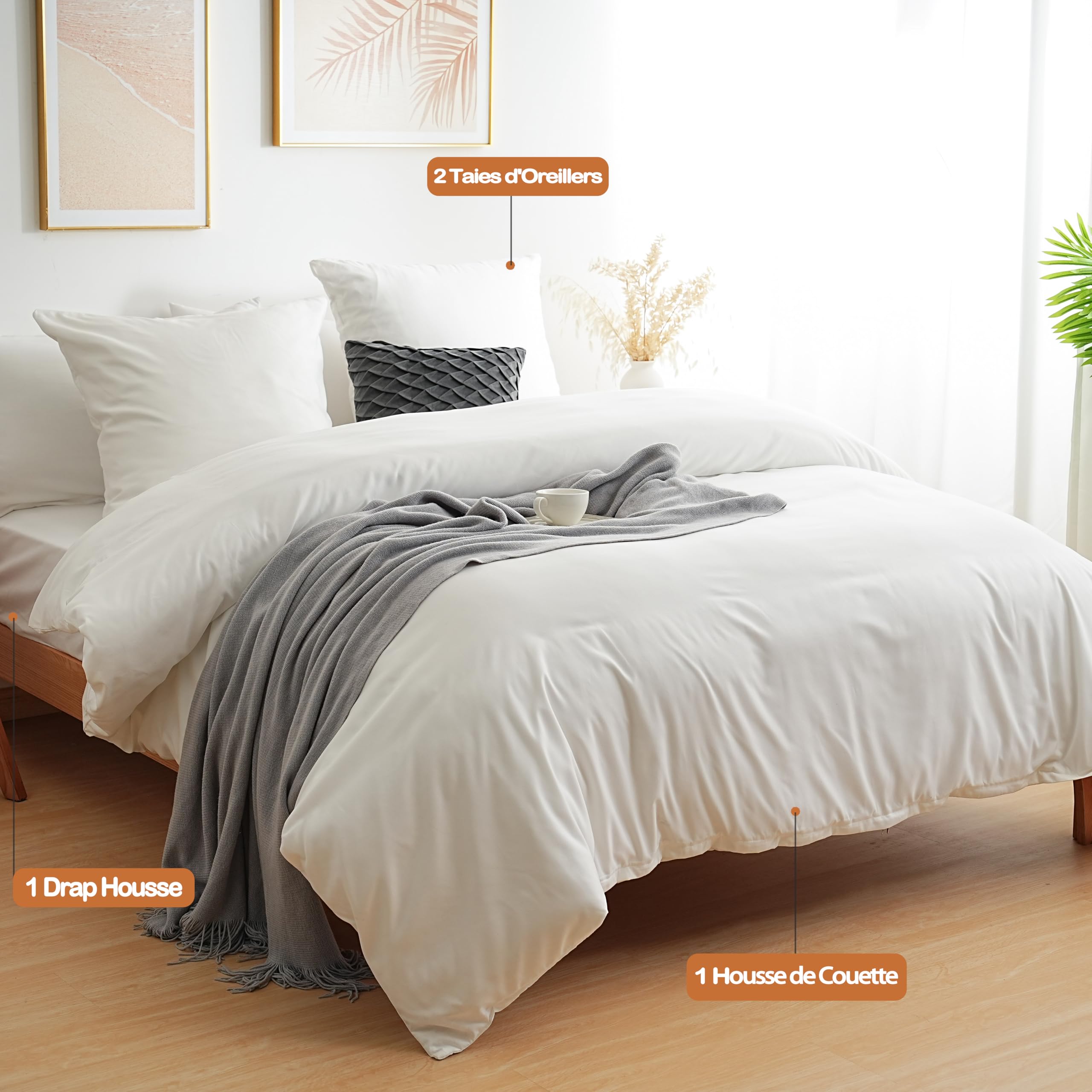 Pack Complet 4 Pièces Lit 1 Place 140x200 - 100% Coton 57 Fils/cm², Housse De Couette + Taies + Drap Housse - 5