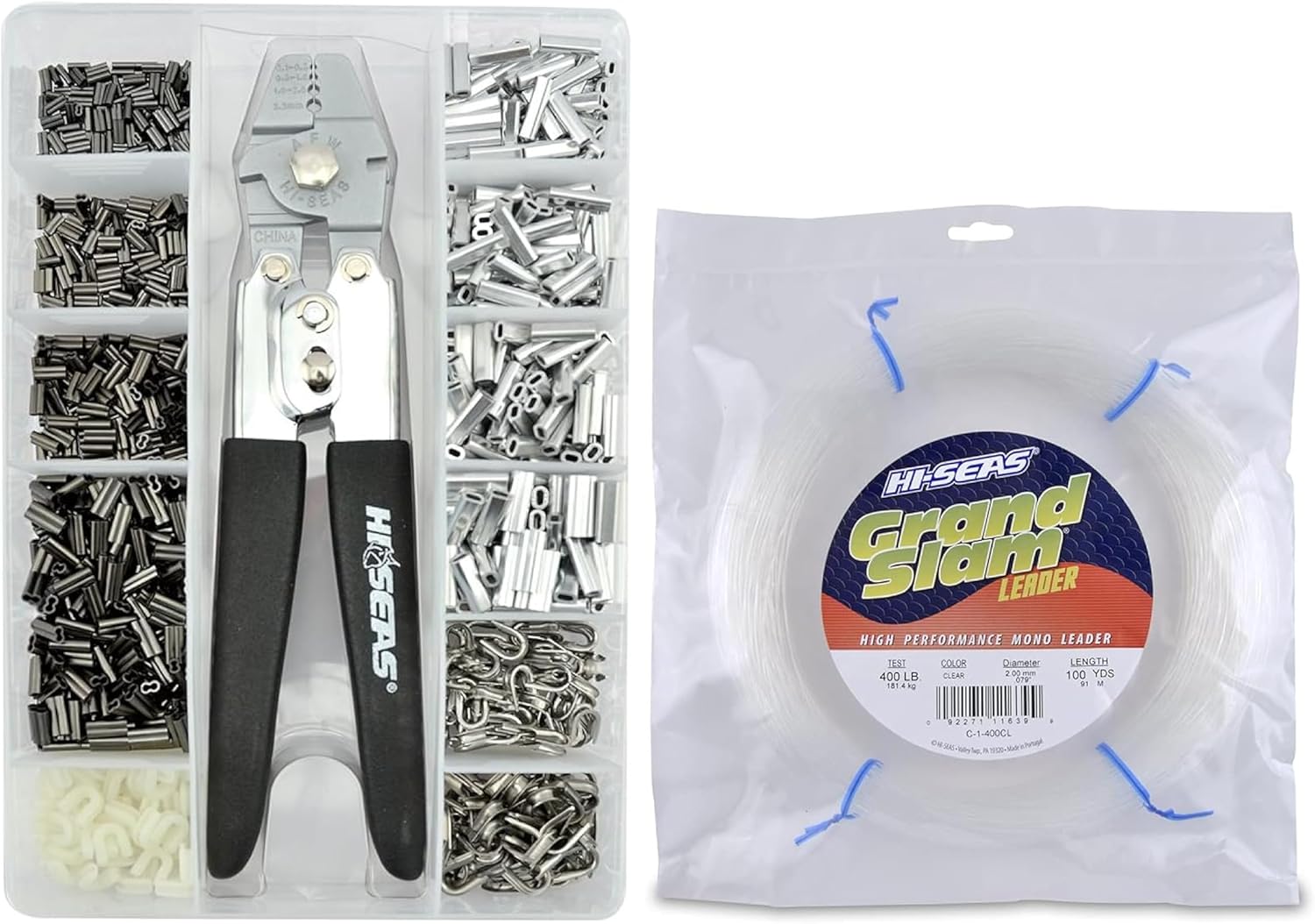 HI-SEAS Deluxe Fishing Rigging Kit - 1,101 Pcs Includes Hand Crimper, Thimbles, Copper Mini Double Barrel Sleeves, Aluminum SleeveswithHi-Seas Grand Slam Monofilament Leader, 400 lb / 181.4 kg Test, 0