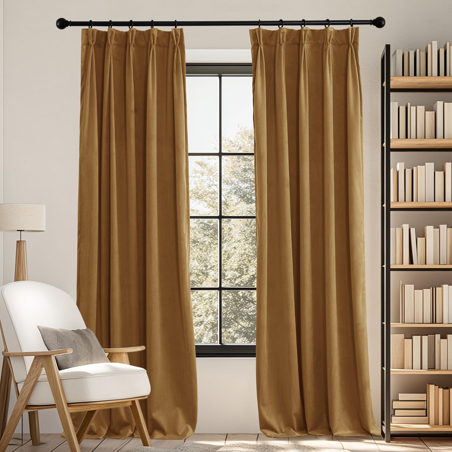 RYB Home Pinch Pleated Velvet Curtains for Living Room, Blackout Thermal Insulated Noise Reducing Vintage Curtains for Dining Room Bedroom, Gold Brown, W34 x L84 inches, 2 Panels