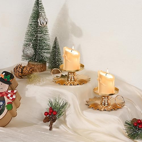 Miniatura 3 de Portavelas de pilar, 2 portavelas de hierro dorado, soportes para velas de 2.4 pulgadas, decoración para mesa de cena formal, centro de mesa, boda,