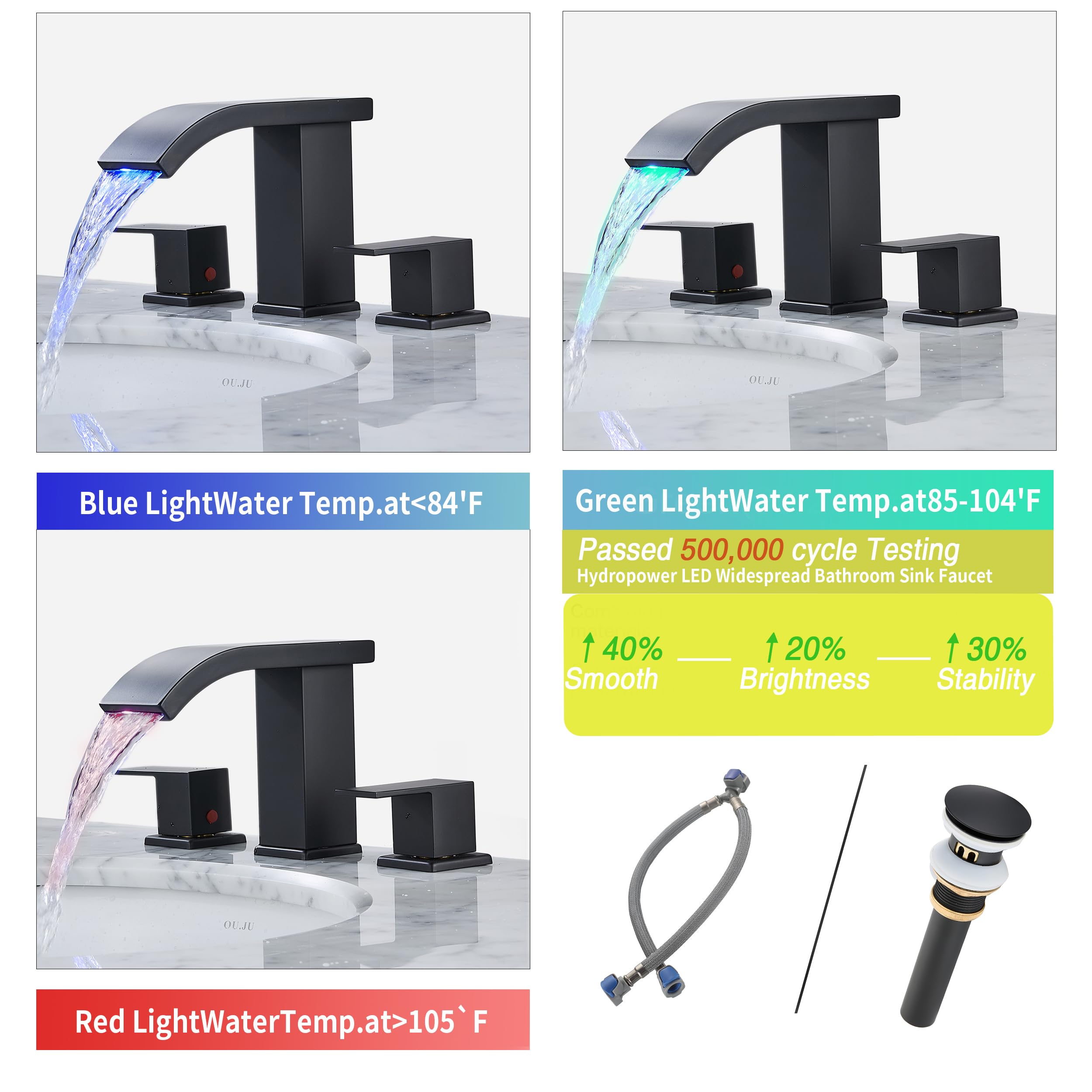 Matte Black 3 Hole Bathroom Faucet - Waterfall Design -2