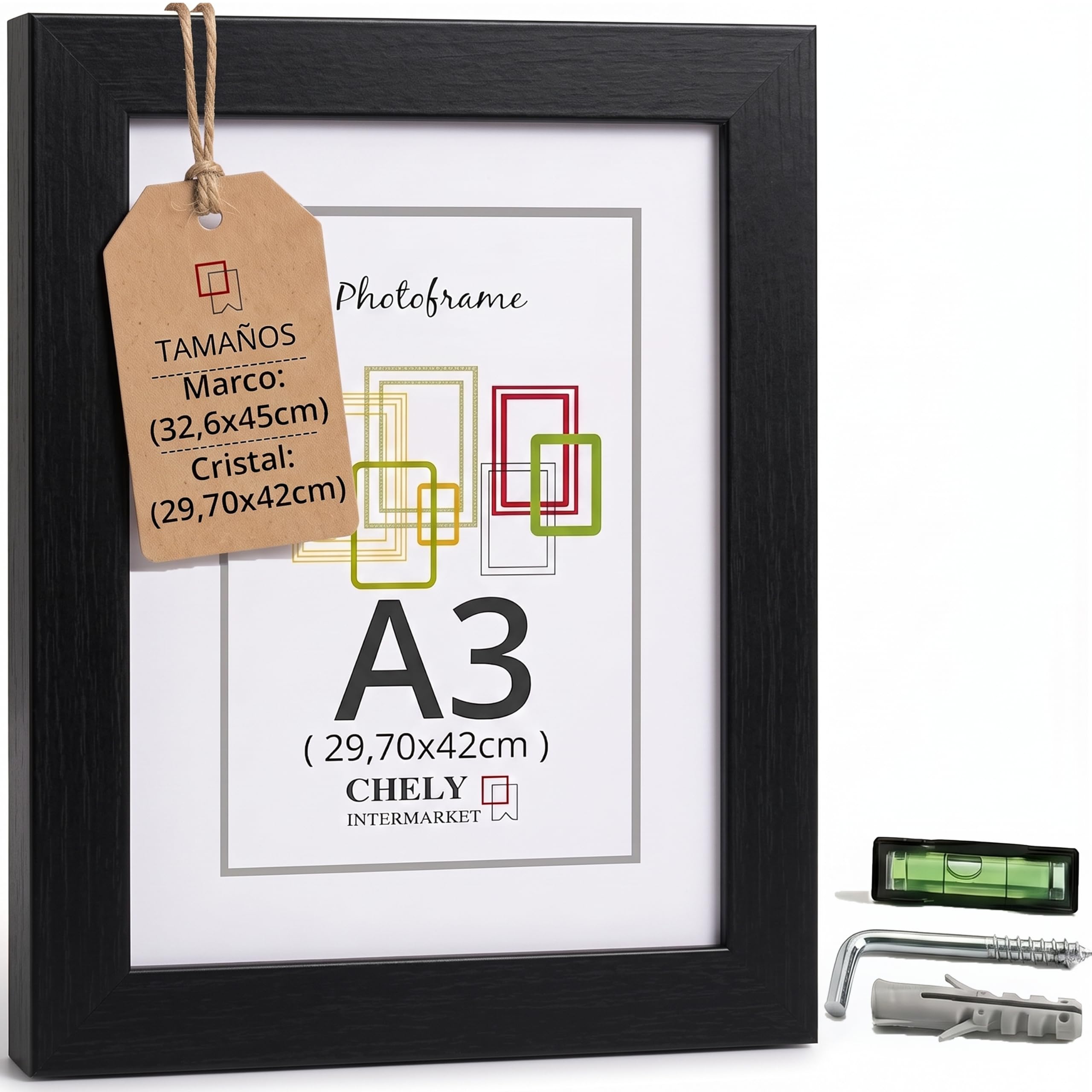 CHELY INTERMARKET MOD-254 Marco Fotos Madera Negro A3 Acabado minimalista Decorativo Cuadro Horizontal Vertical Cristal…