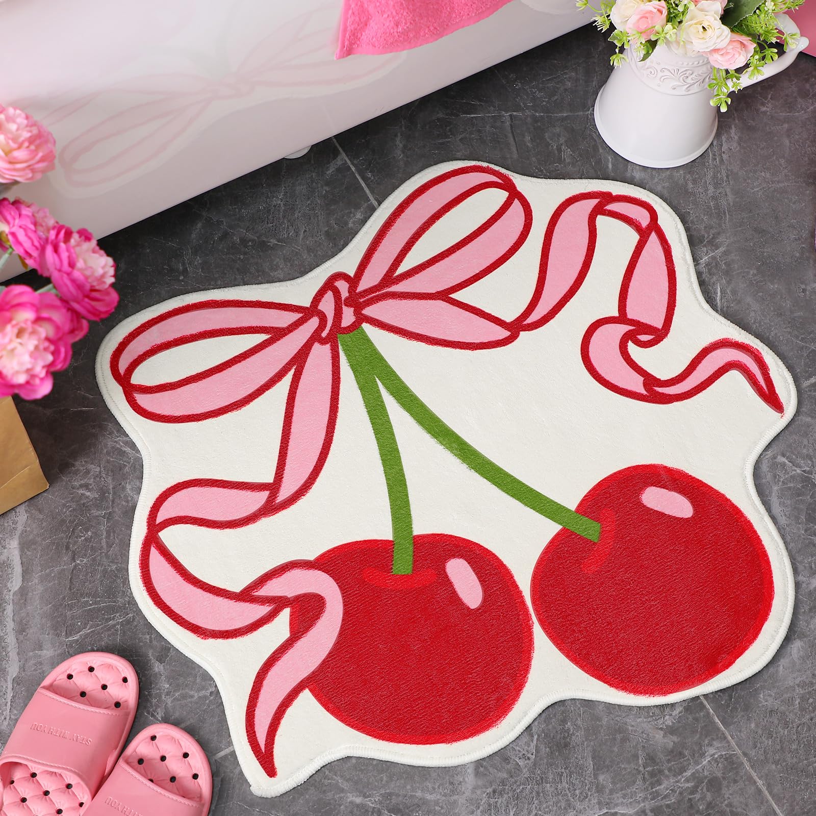 Duraaamo Cherry Bow Bathroom Rug Cute Cherry Decor for Kitchen Bath Mat 23.62" x 21.26" Pink Bow Rug Non Slip Absorbent Coquette Carpet Fruit Bathroom