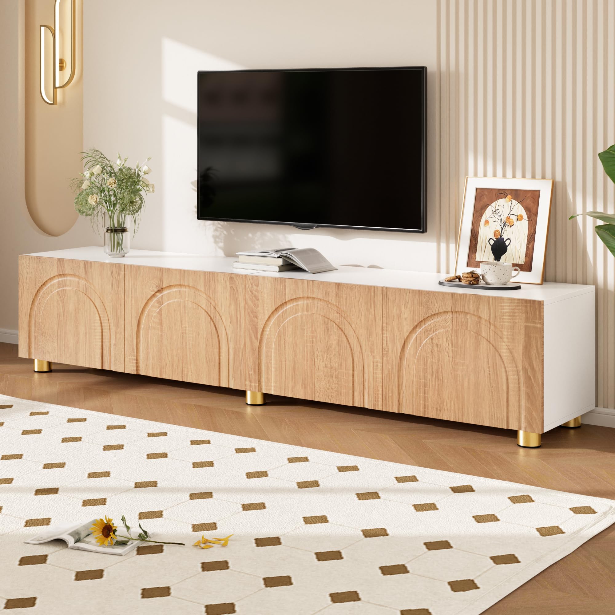 Mobile basso per TV, lunghezza 180 cm, 4 ante con effetto | Mobile TV per soggiorno, corridoio, tavolo TV, piedini in metallo, supporto per TV, molto spazio
