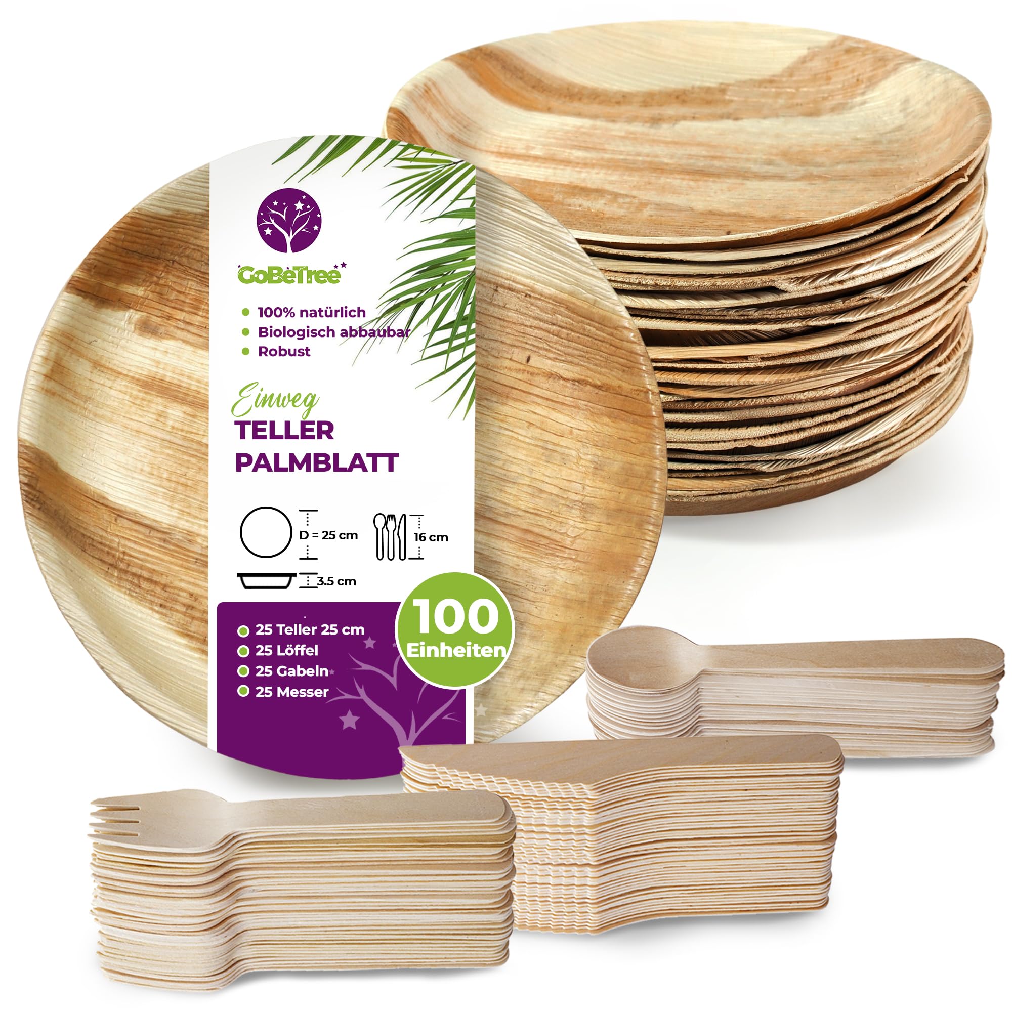 GoBeTree 25 Palmblatt Teller  hnlich Bambus Teller Einweggeschirr,  Palmblatt Geschirr mit 75 Holzbesteck, ideal fr Partys, Grillabende und  Picknicks : Amazon.de: Kche, Haushalt & Wohnen