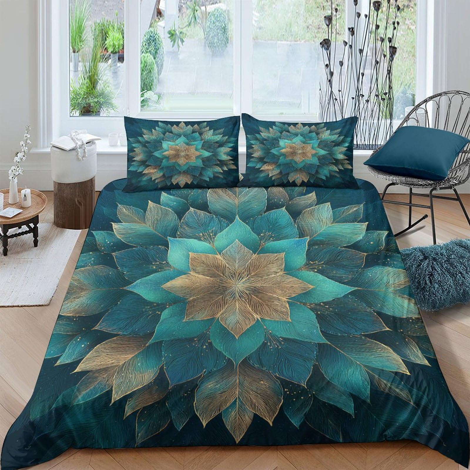 Ctjqhvkz Style-6 3D Printed Teal Lotus Fitted Sheet Microfiber Bed Cover Gold Mandala Mattress Cover For Bedroom Guest Room Decor Single（135X200cm）