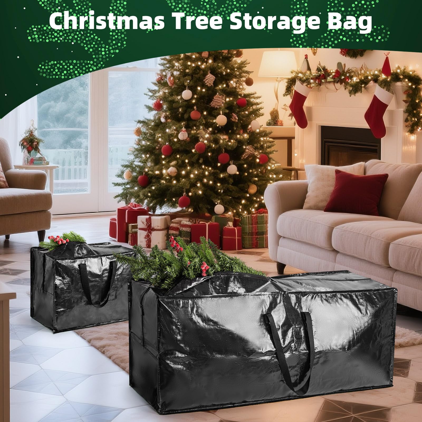 Set di 4 sacchetti per albero di Natale, impermeabili, organizer per alberi sezionali, decorazioni, luci e confezioni regalo, con manici rinforzati e cerniera resistente