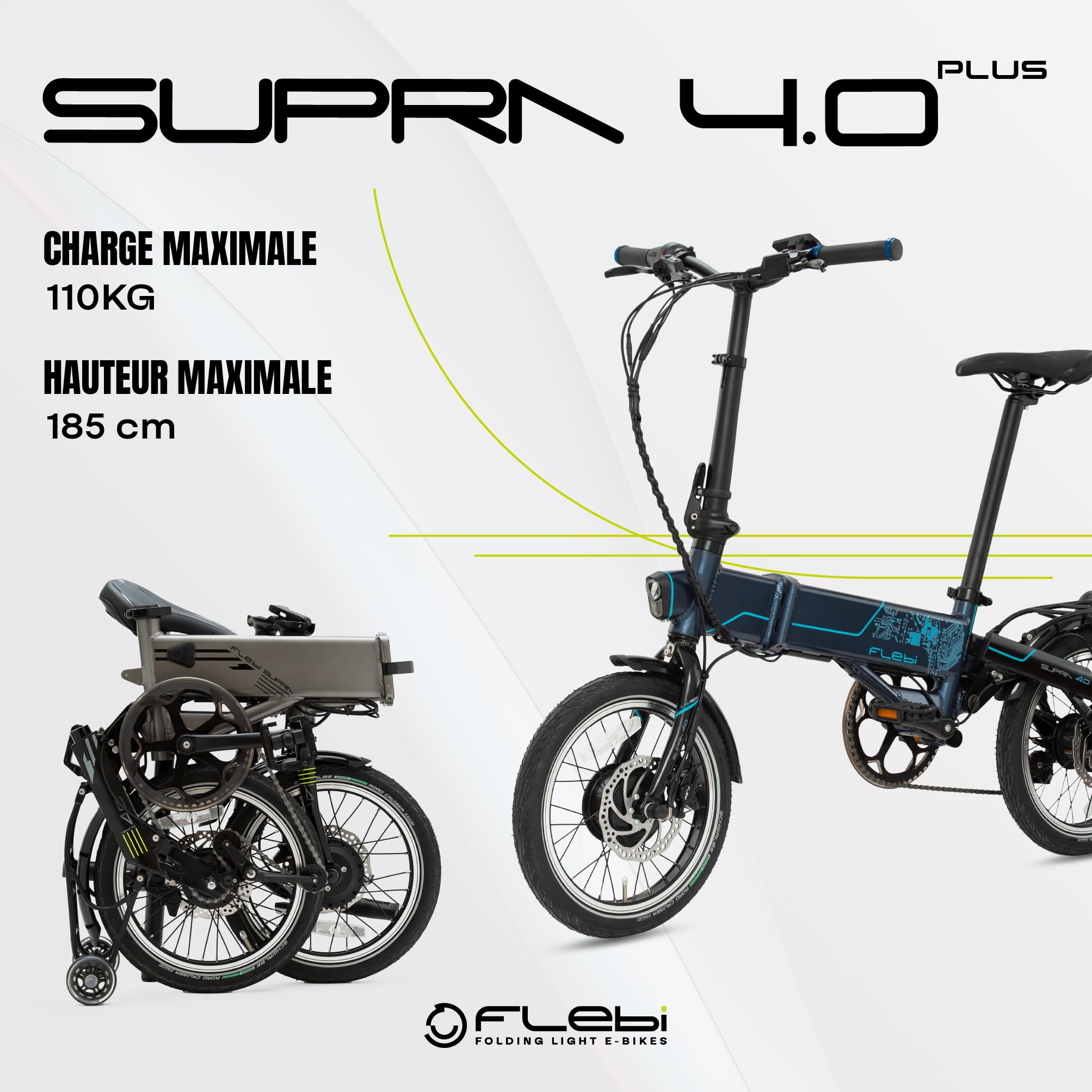 Flebi Supra 4.0+ Vélo Électrique Pliable 16" | Autonomie 100 km | Batterie Amovible 14Ah/504Wh | 7 Vitesses | E-Bike Urbain Unisexe Compact et Léger Femme/Homme